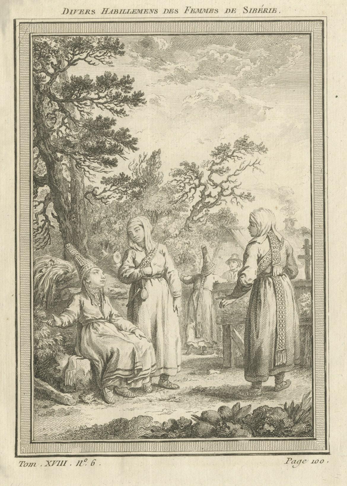 Antiker Druck sibirischer Frauen in Russland, 1768