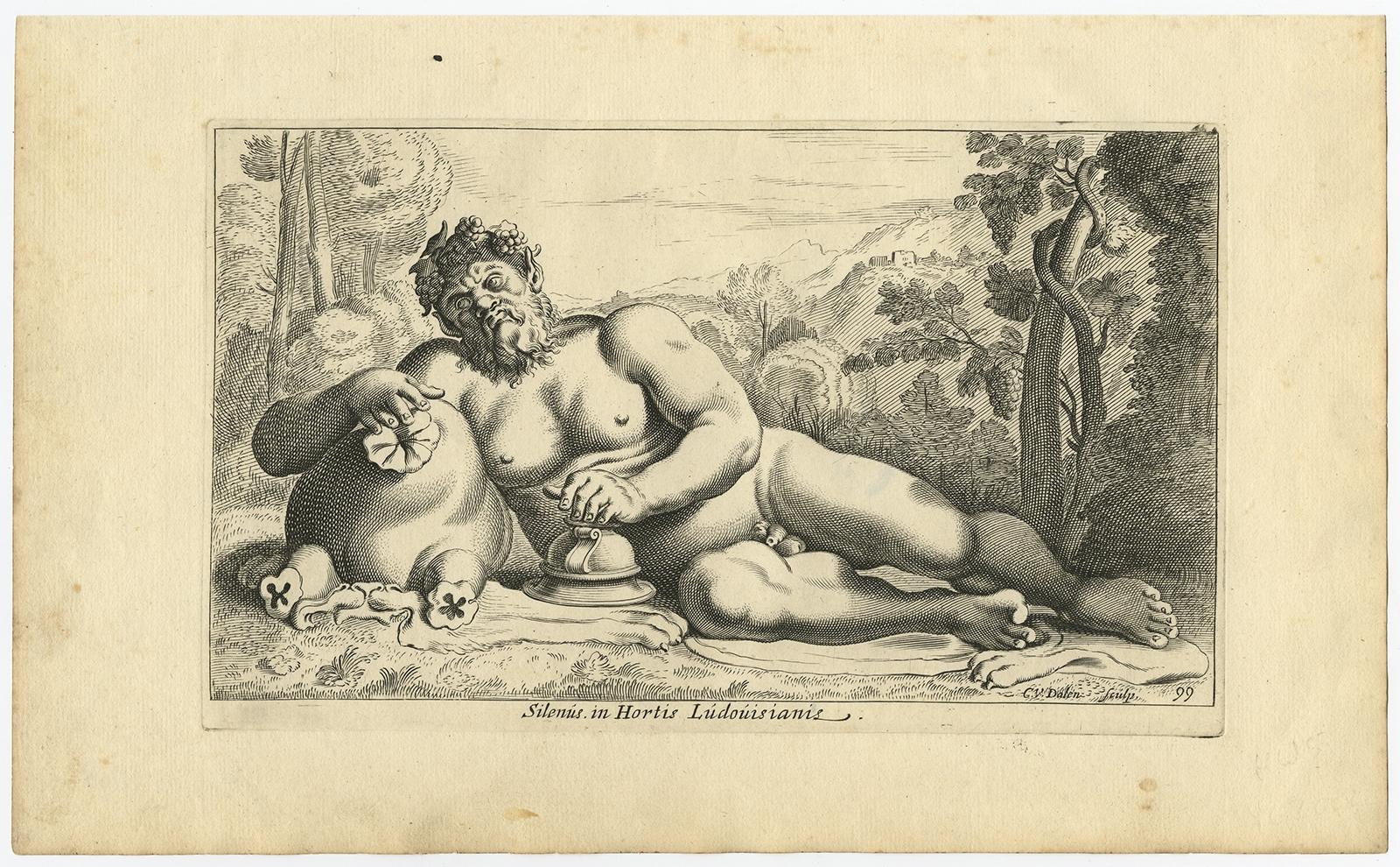 Antique print, titled: 'Silenus in Hortis Ludovisianis.' 

Statue of Silenus in Rome. In Greek mythology, Silenus was a companion and tutor to the wine god Dionysus.

From the 1660 Dutch edition of 'Icones et Segmenta Nobil. Signorum et Statuarum