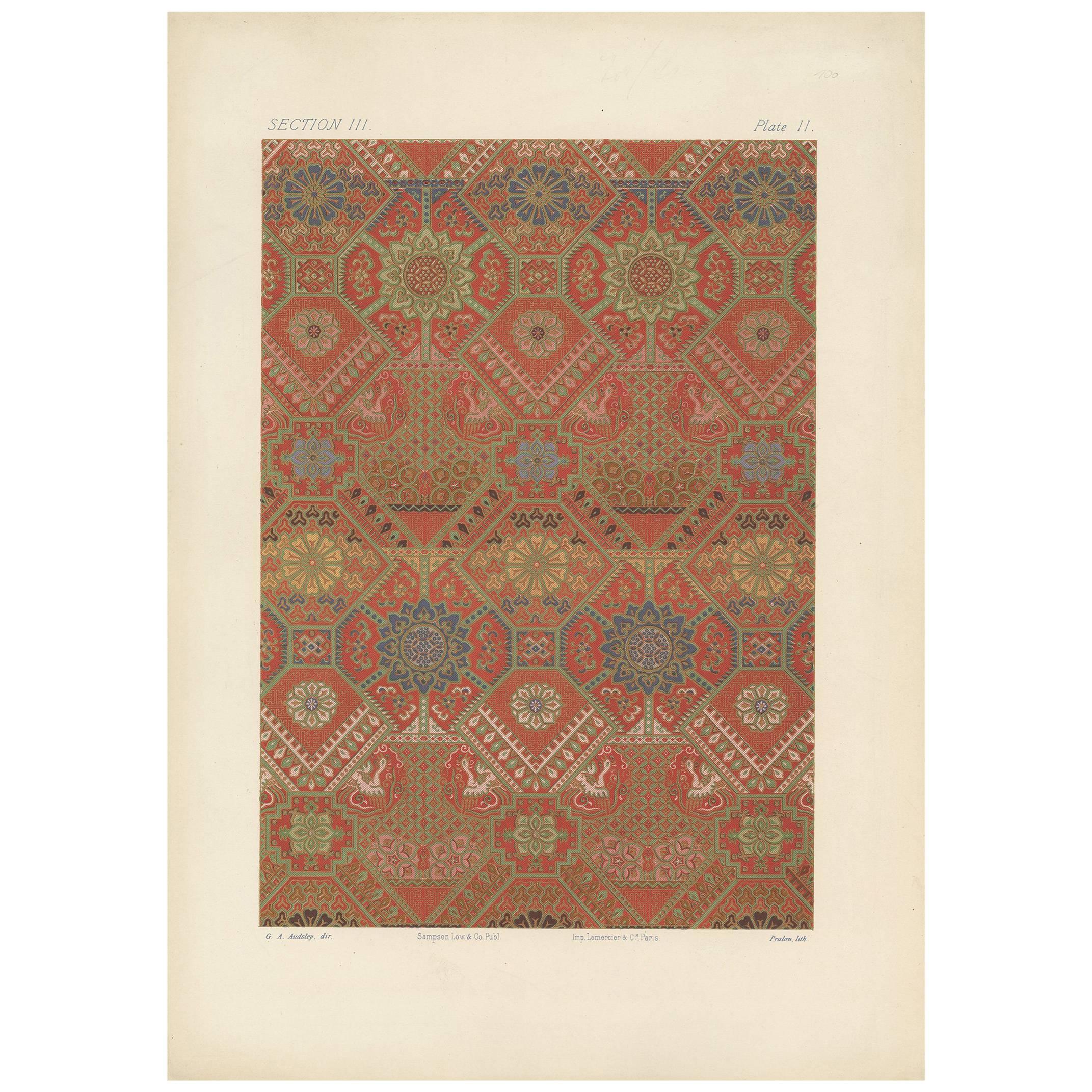 Antique Print of Silk and Gold Fabrics II 'Japan' by G. Audsley, 1882 For Sale