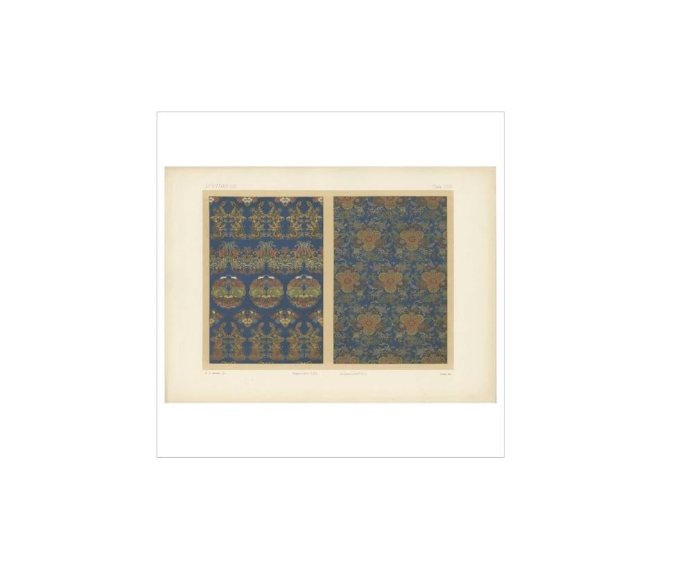 Untitled print, Section III, plate VIII. This chromolithograph depicts two different brocades. Detailed information about this print available on request.

This print originates from the first volume of 'The ornamental arts of Japan' by G.