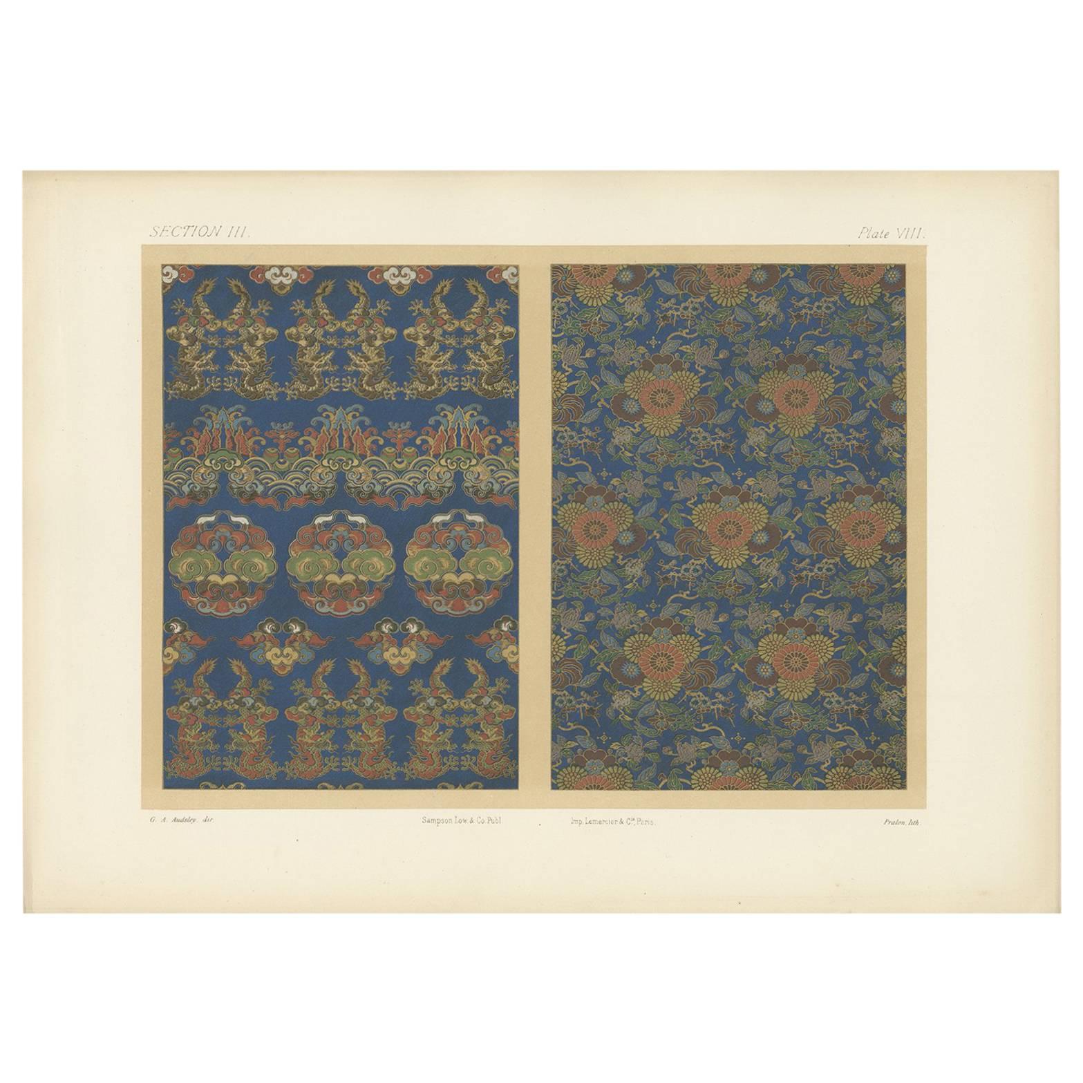 Antique Print of Silk and Gold Fabrics 'Japan' by G. Audsley, 1882 For Sale