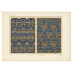 Estampa antigua de tejidos de seda y oro "Japón" de G. Audsley, 1882