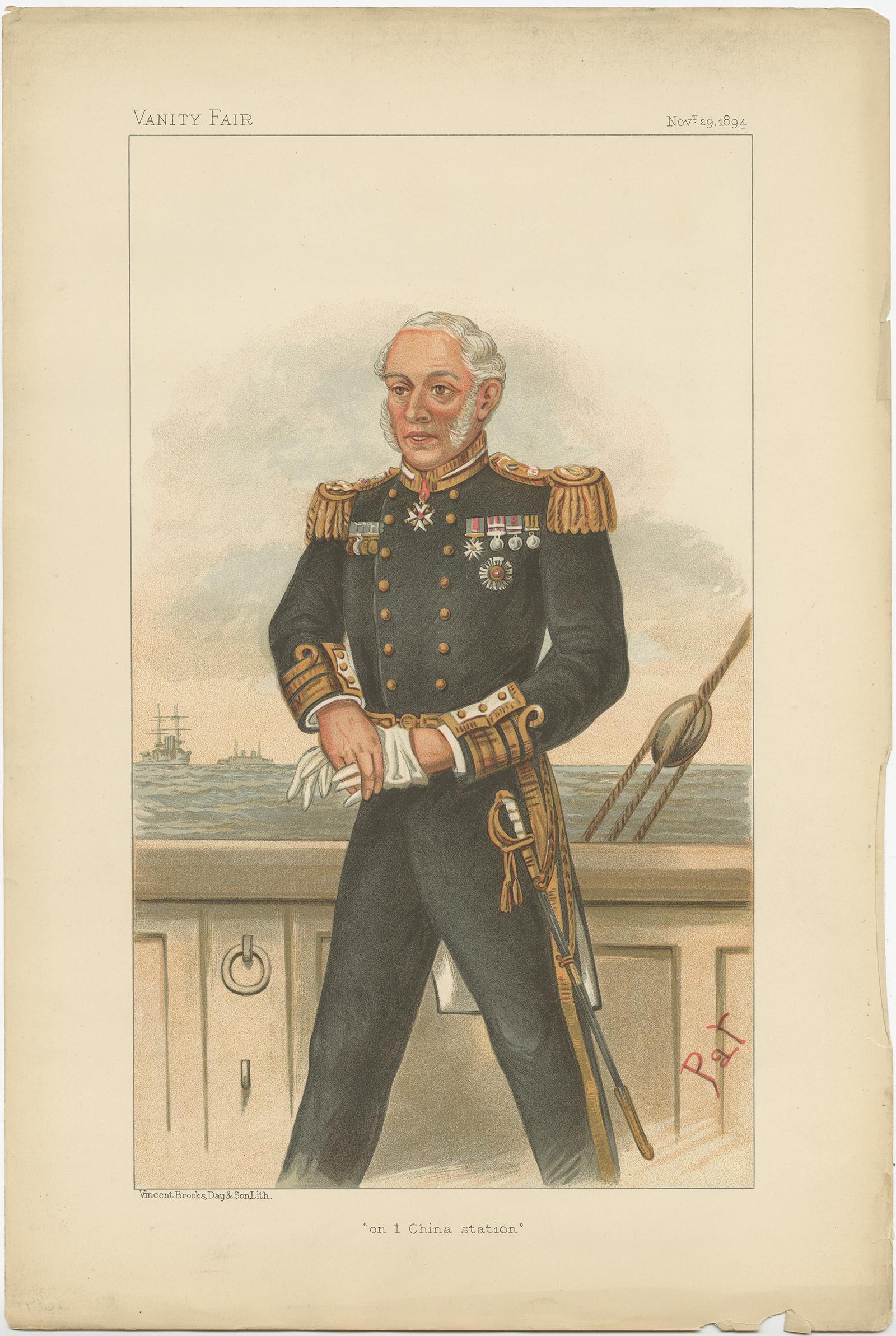 Antique print titled 'on 1 China station'. Admiral Sir Edmund Robert Fremantle GCB GCVO CMG (16 June 1836 – 10 February 1929) was a Royal Navy officer who served as Commander-in-Chief, Plymouth. Admiral Sir Edmund Robert Fremantle GCB GCVO CMG (16