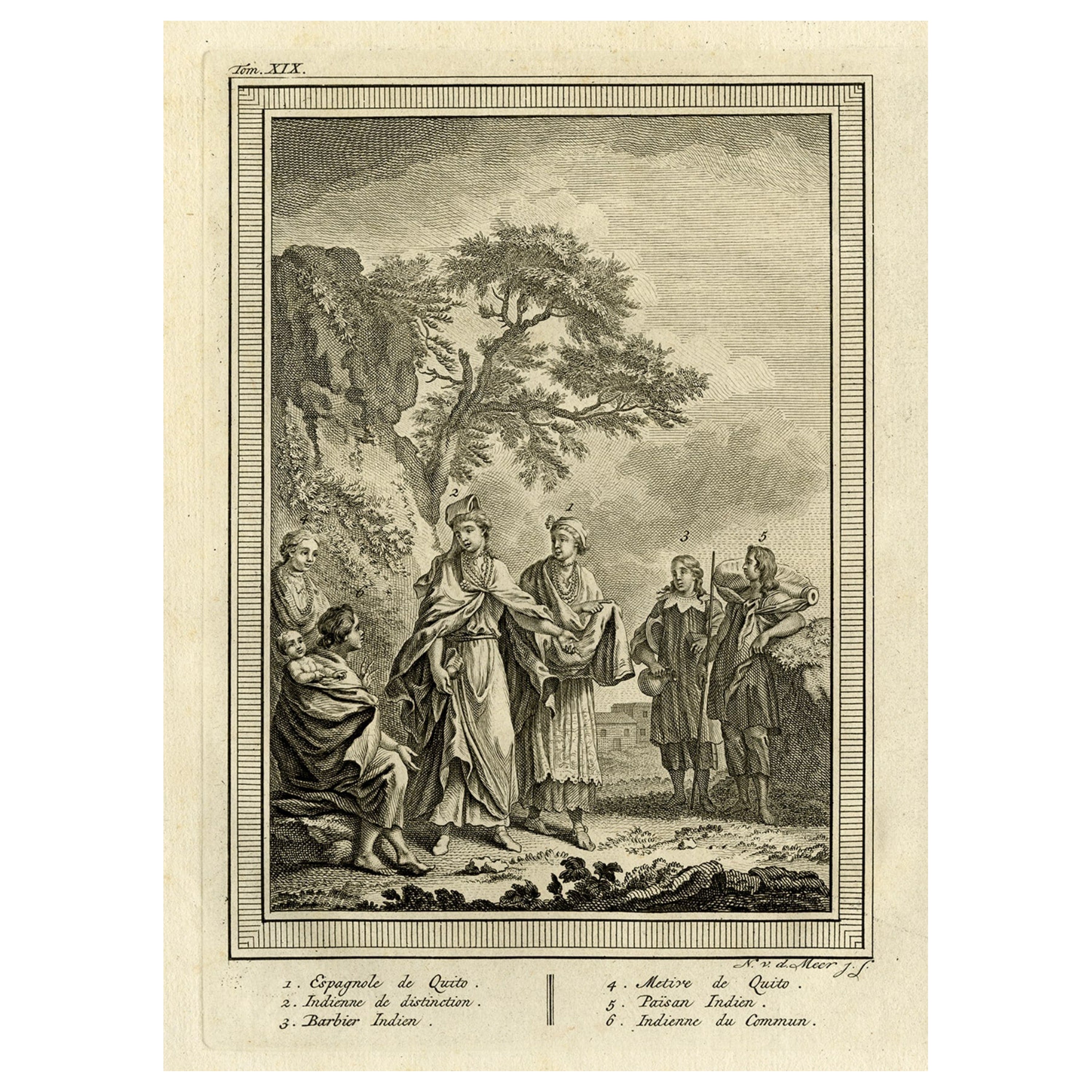 Gravure ancienne représentant six personnages d'Amérique du Sud, dont un barbier, un fermier, etc. c.1770.