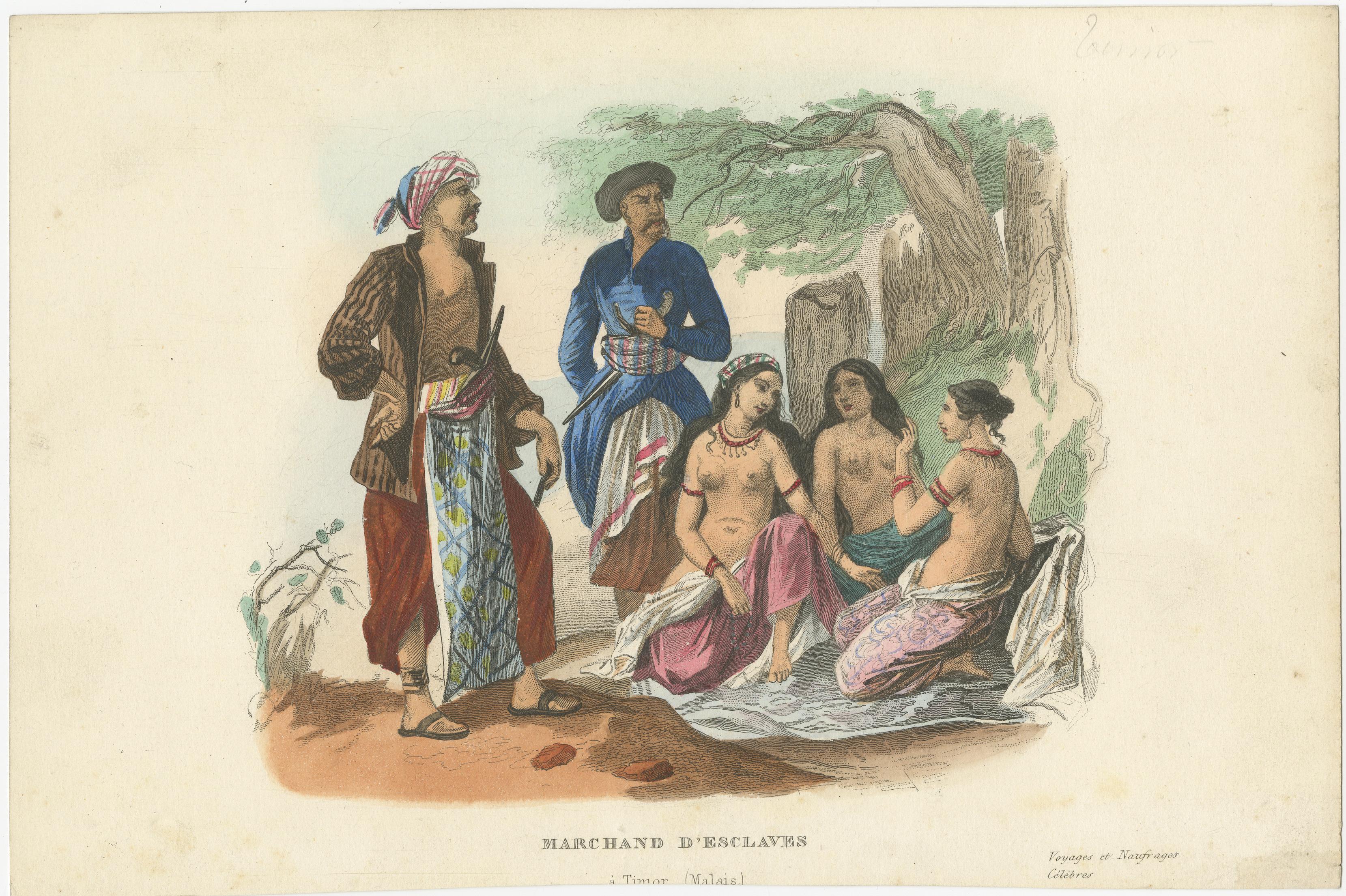 Gravure ancienne intitulée 'Marchand d'Esclaves'. Cette estampe illustre la traite des esclaves sur l'île de Timor, dans l'archipel Malayer. Provient des 