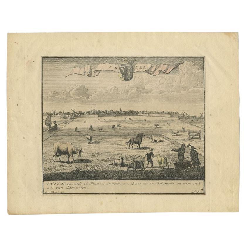 Antiker Druck von Sneek, einer alten Wassersportstadt in den Niederlanden, um 1718
