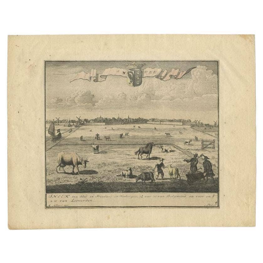 Antique Print of Sneek, an Old Watersport City in the Netherlands, circa 1718