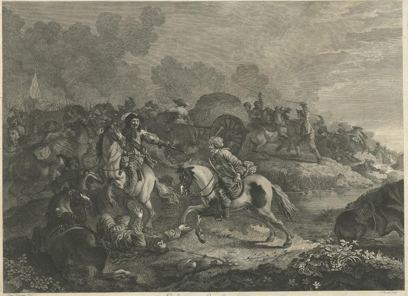 Antique print titled 'Enlevement dun Convoy'. Antique print of soldiers attacking an Ottoman convoy. In the foreground a cavalryman, whose rearing horse tramples a fallen foe, shoots at a turbaned soldier riding a galopping horse; beyond, a battle