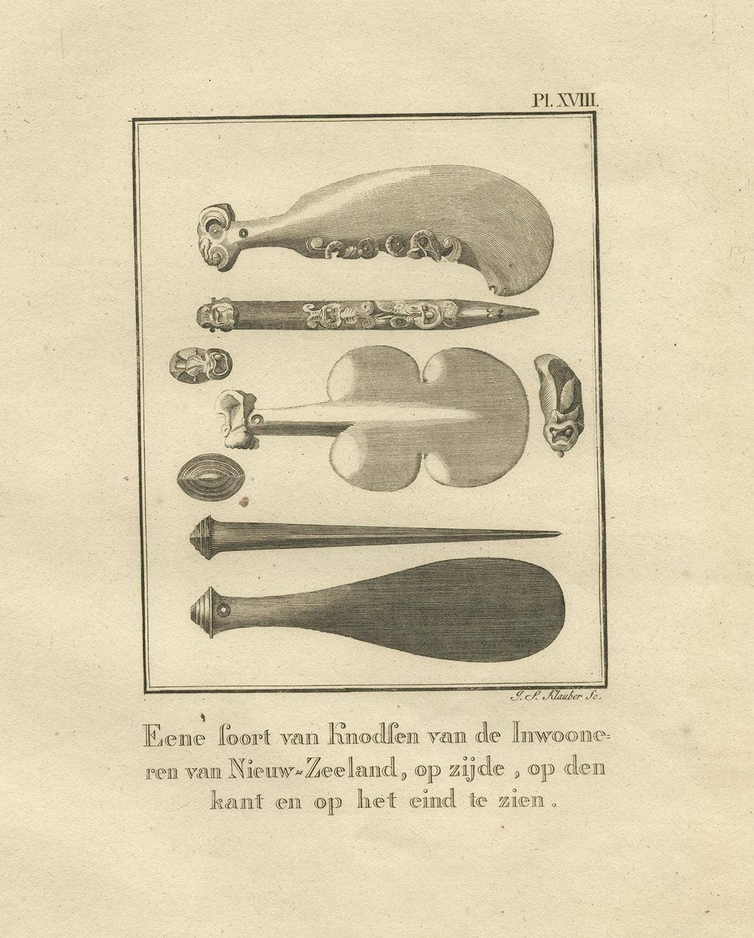 Antique Print of Some Kind of 'Clubs' from New Zealand by Cook, 1803