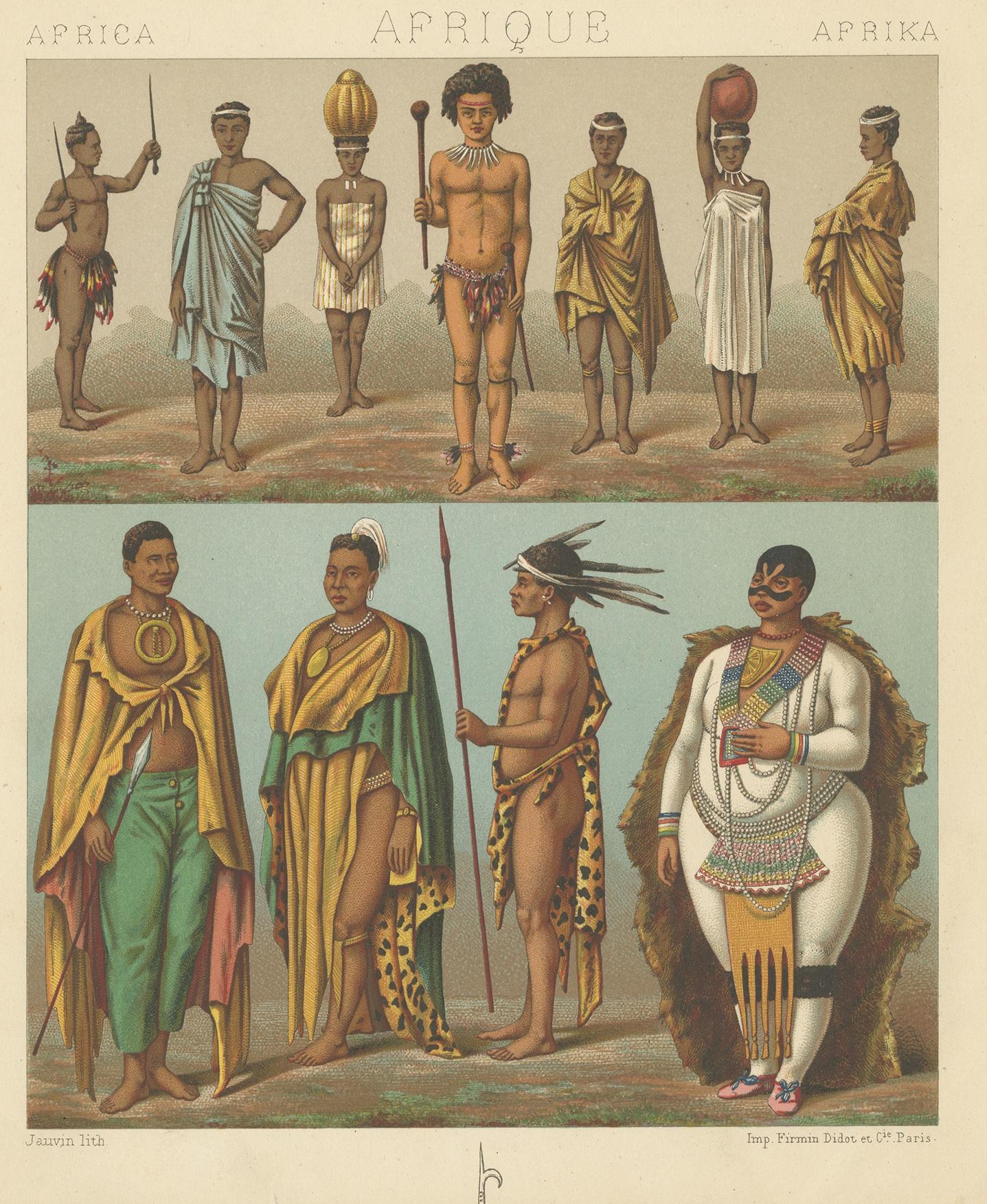 Antique print titled 'Africa - Afrique - Afrika'. Lithograph of South African tribes. This print originates from 'Le Costume Historique (..)' by A. Racinet.
