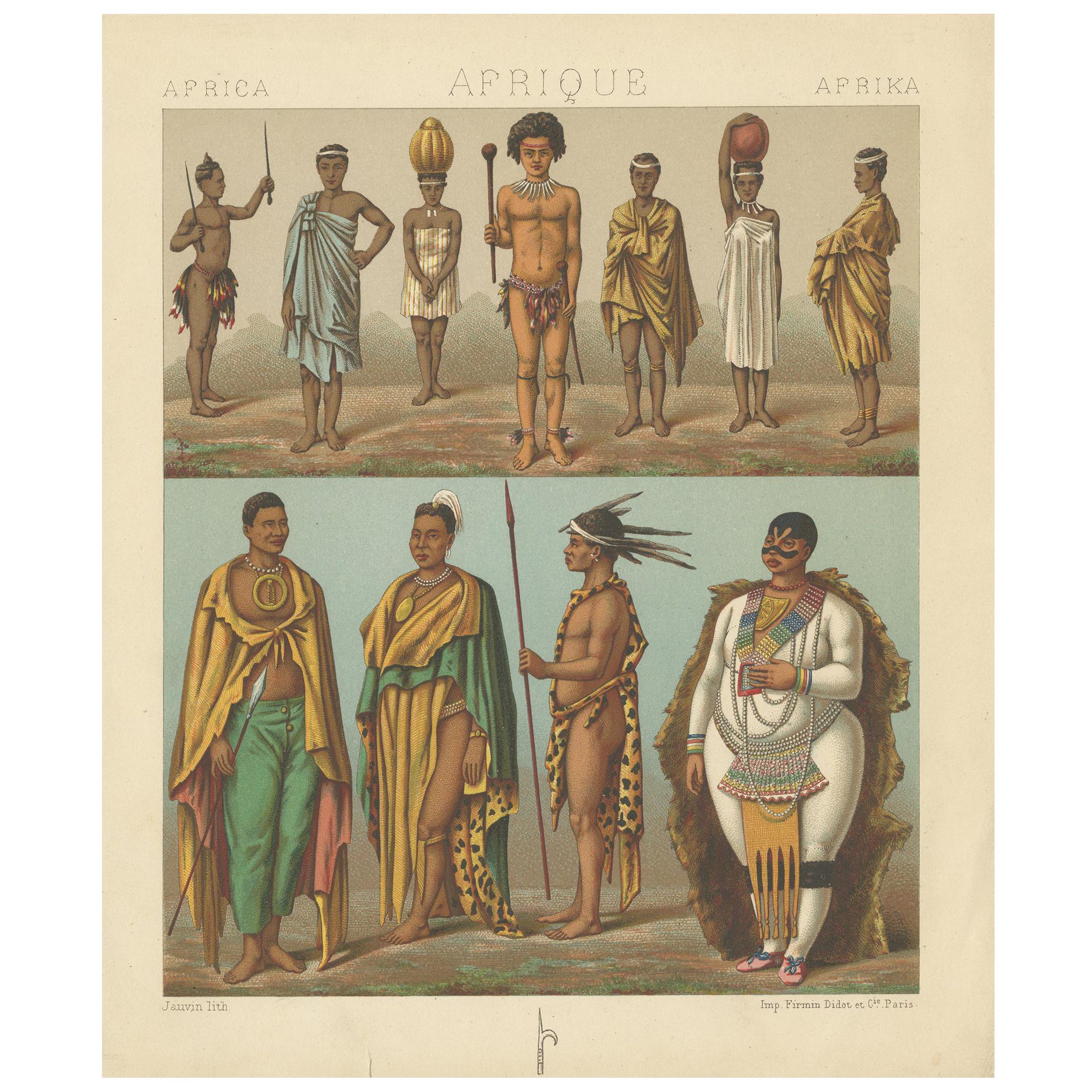 Antique Print of South African Tribes by Racinet, 1888 For Sale
