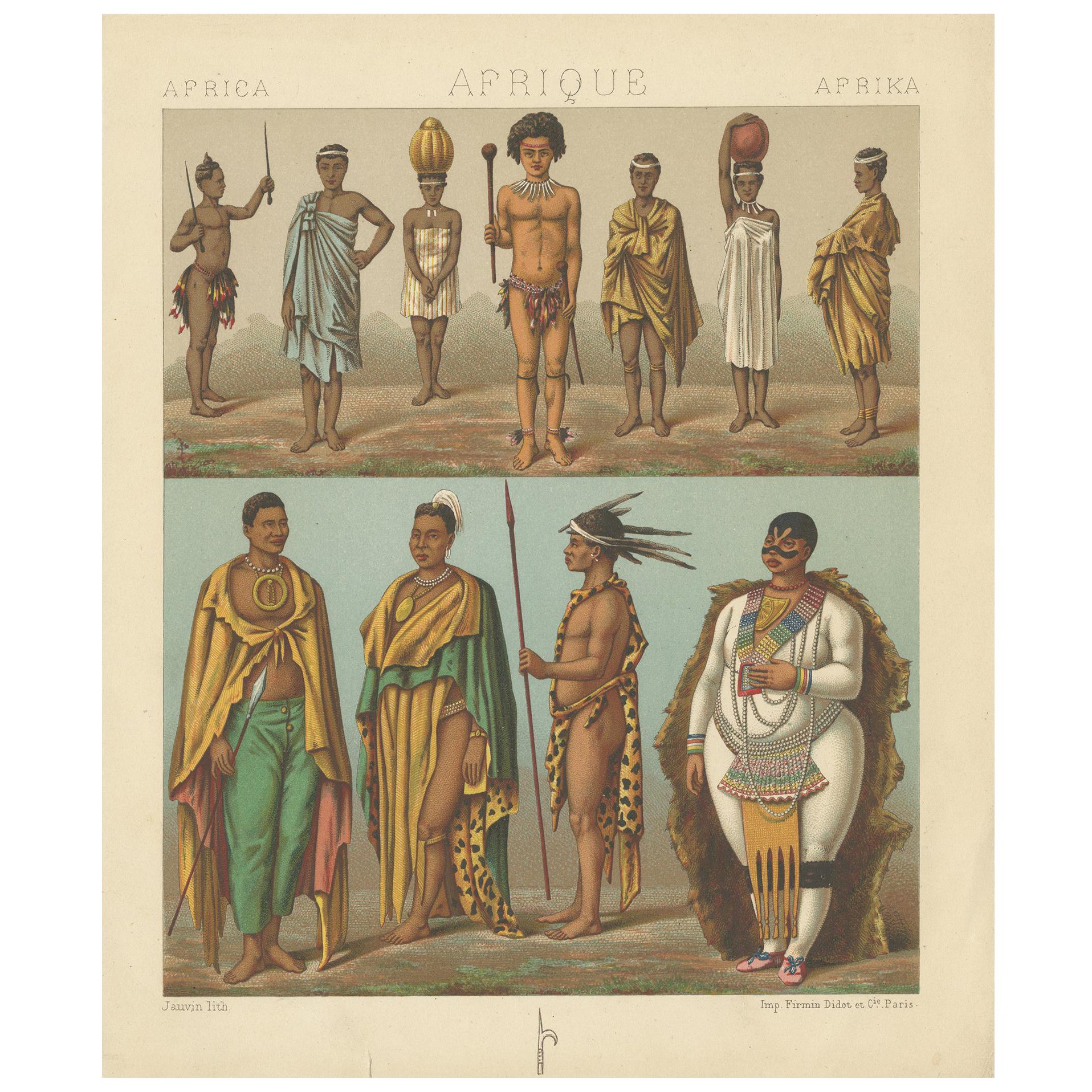 Grabado antiguo de Tribus sudafricanas por Racinet, 1888 en venta