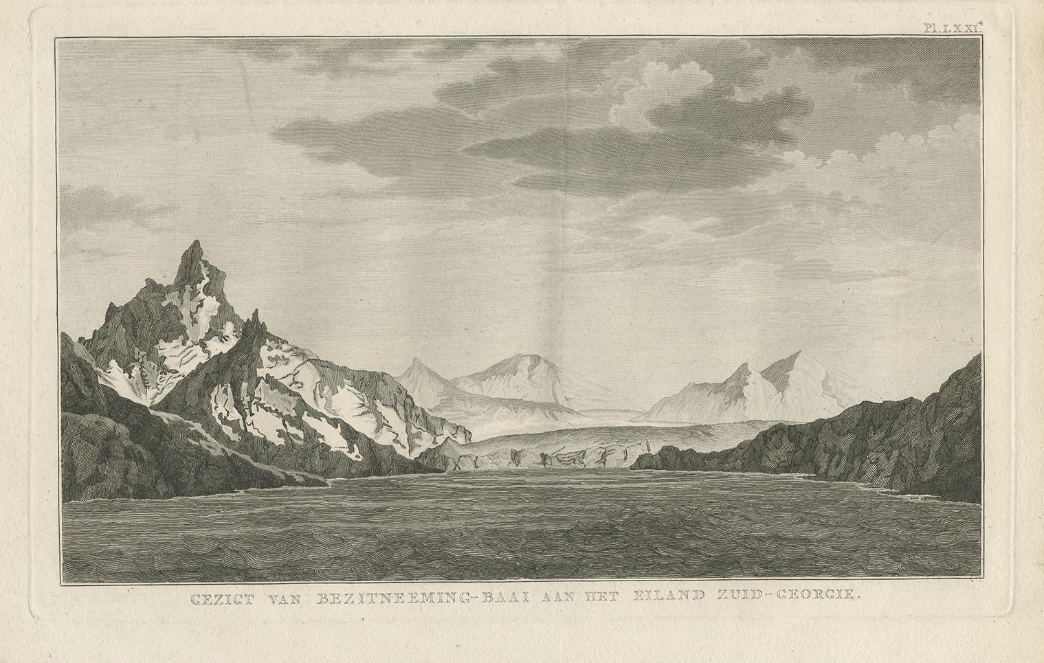 Antique print titled 'Gezigt van de Bezitneeming-Baai aan het Eiland Zuid-Georgie'. 

This print depicts a view of Possession Bay on South Georgia, with the glaciers. Originates from 'Reizen rondom de Waereld' by J. Cook. Translated by J.D. Pasteur.