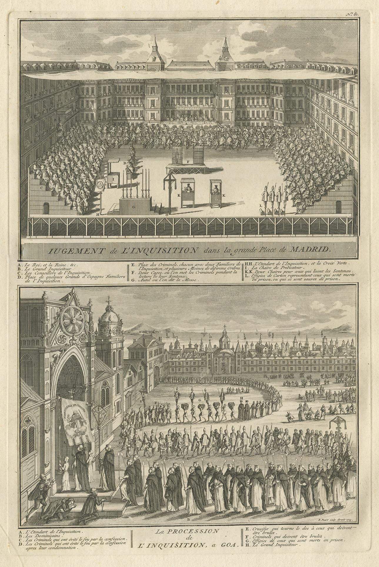 Antique print with two religious images on one sheet. 1. Iugement de l'Inquisition dans la grande Place de Madrid, 2. La Procession de l'Inquistion, a Goa'. Antique print depicting Spanish inquisitions in Madrid and Goa. This print originates from