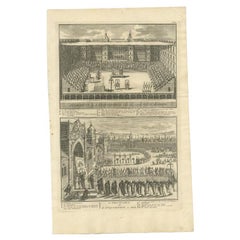 Antiker Druck der spanischen Inquisitionen in Madrid und Goa von Picart, 1723