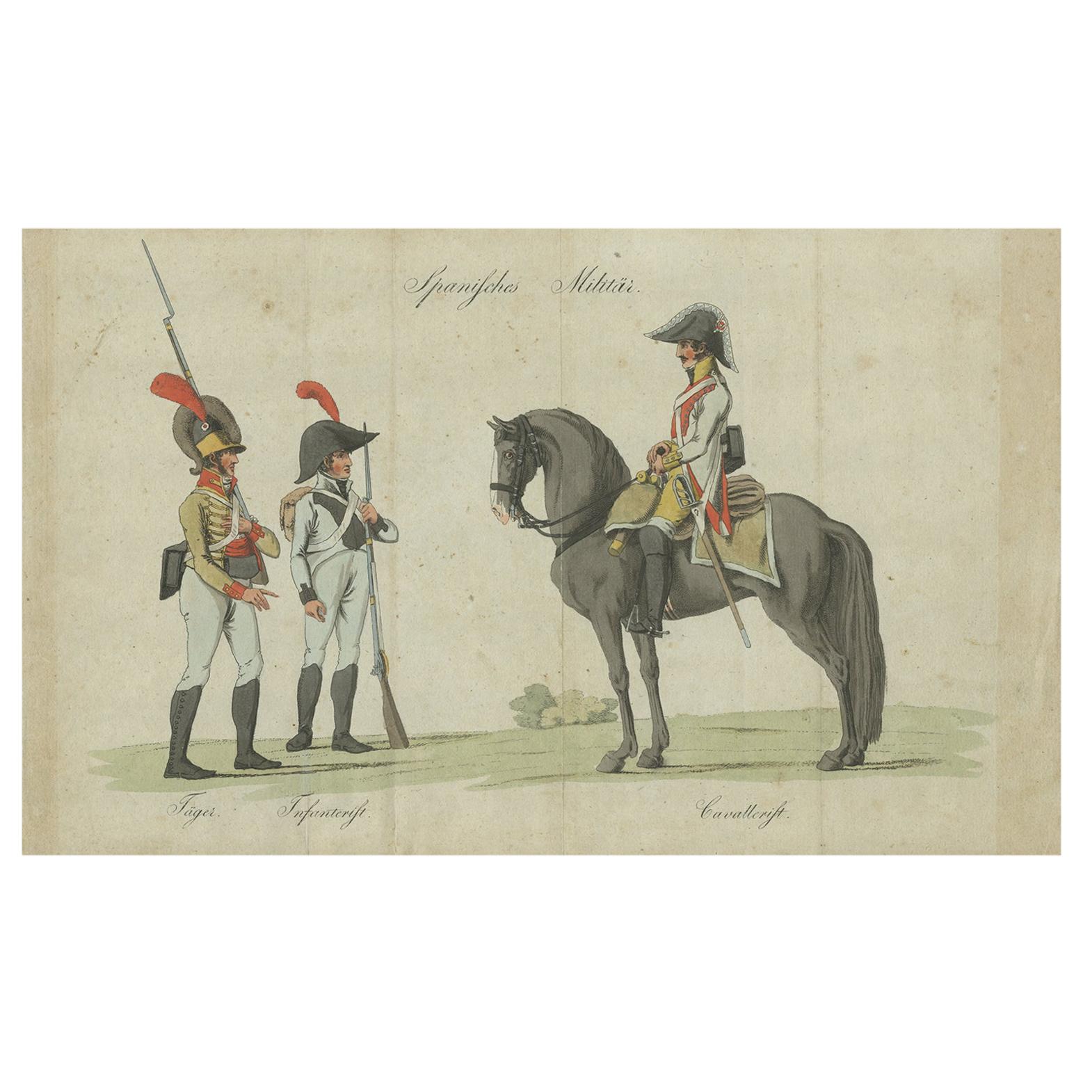 Antique Print of Spanish Military Costumes, 'c.1810'