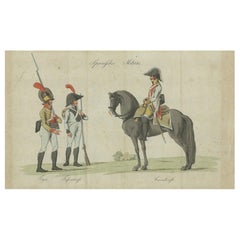 Antiker Druck spanischer Militärkostüme, um 1810