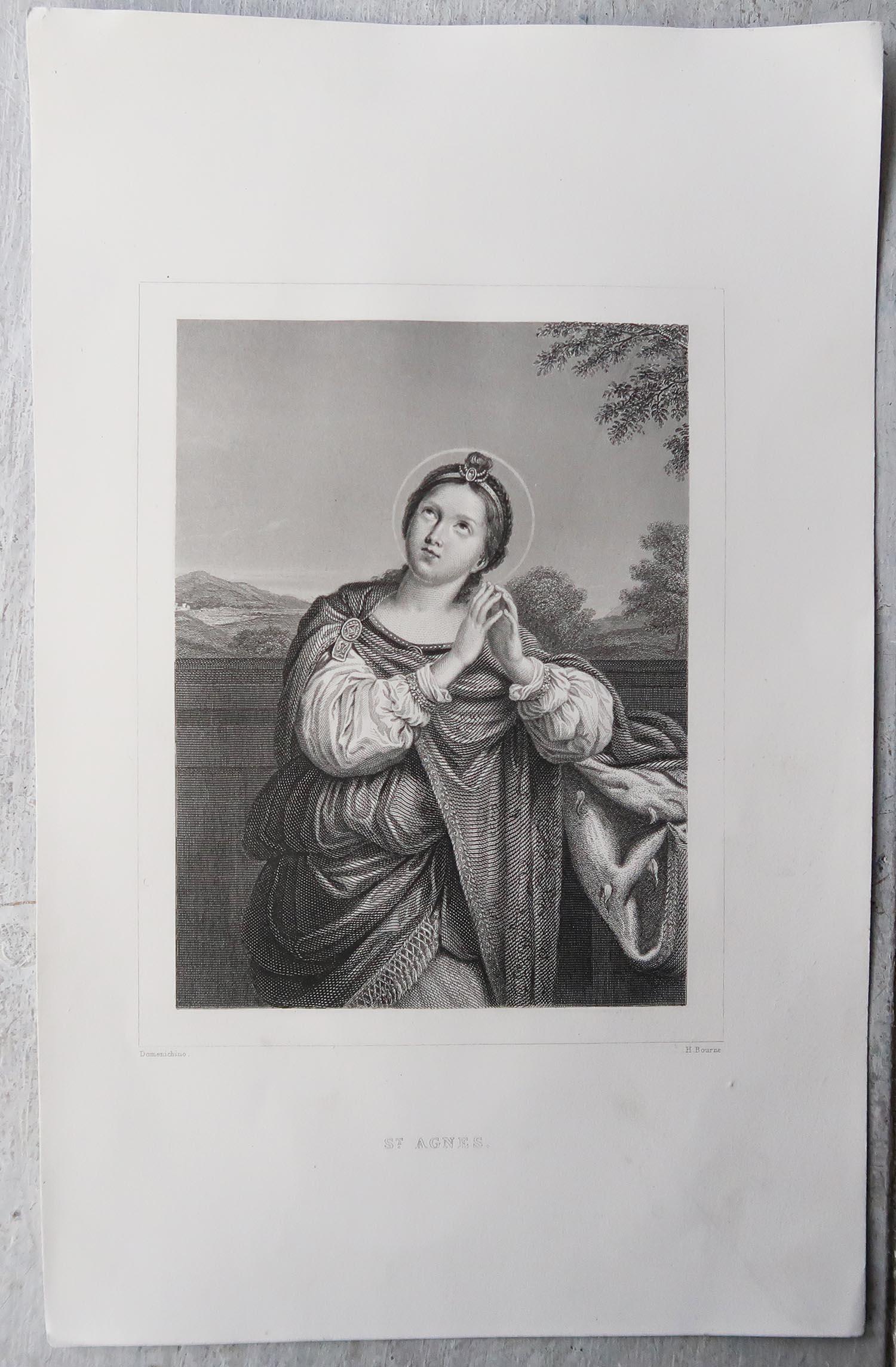 Baroque Antique Print of St Agnes. After Domenichino. C.1850 For Sale
