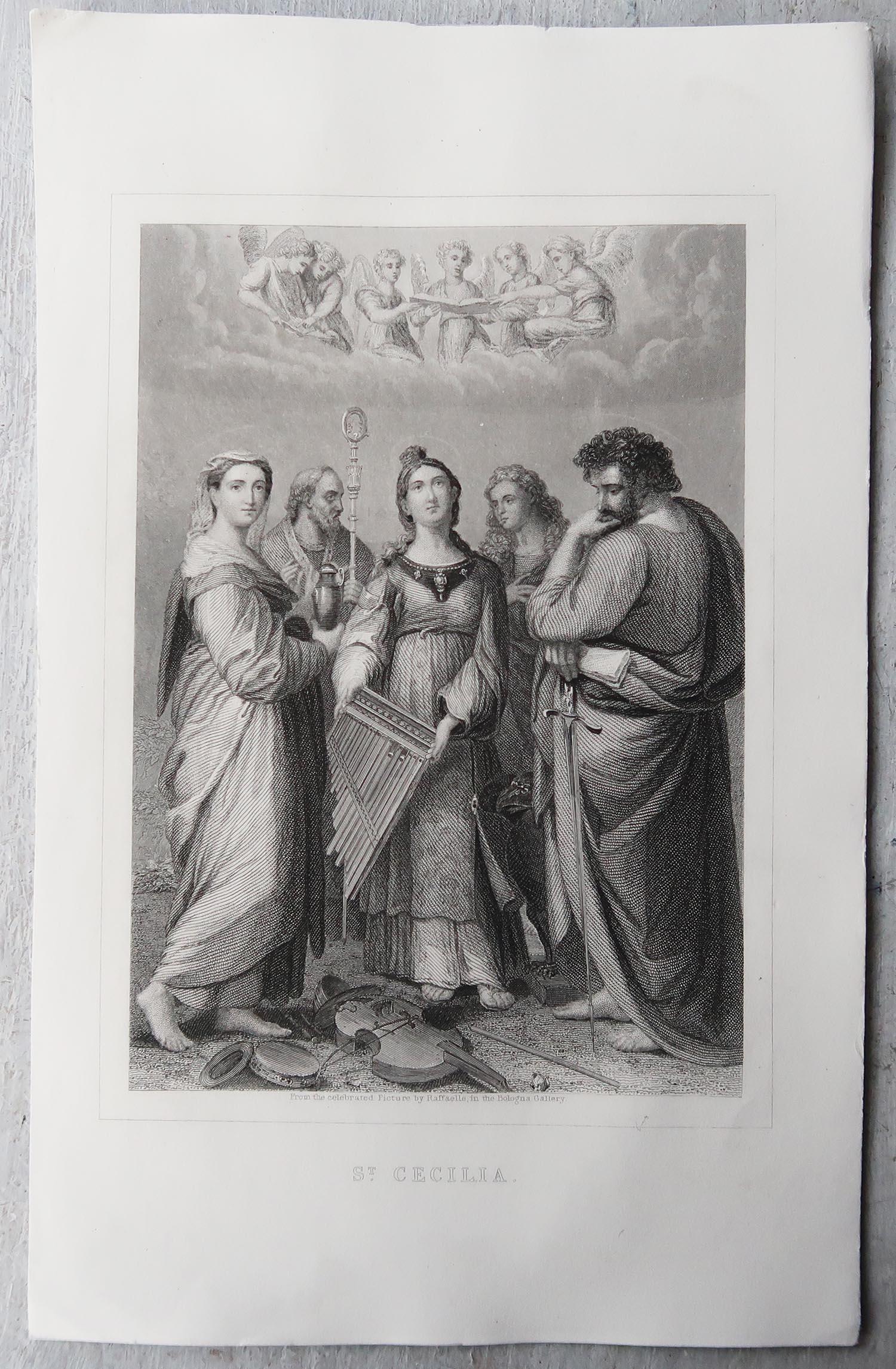 Baroque Antique Print of St. Cecilia, After Raphael, C.1850 For Sale