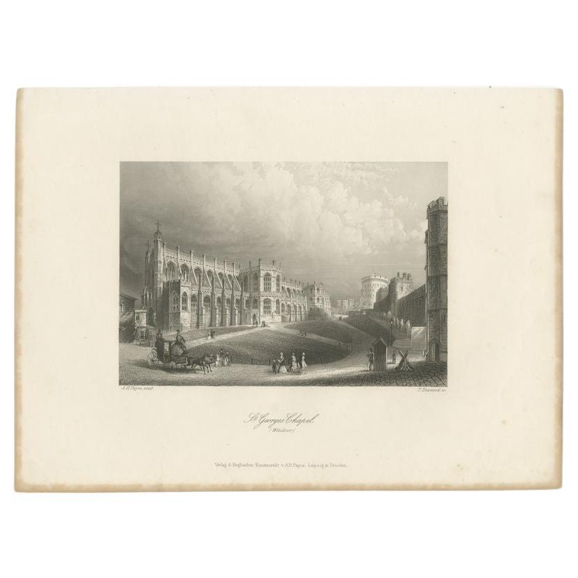 Antique print titled 'St. Georges Chapel (Windsor)'. Steel engraved view of St. George's Chapel at Windsor Castle, England. Source unknown, to be determined.

Artists and Engravers: Engraved by T. Heawood after A.H. Payne.

Condition: Good,