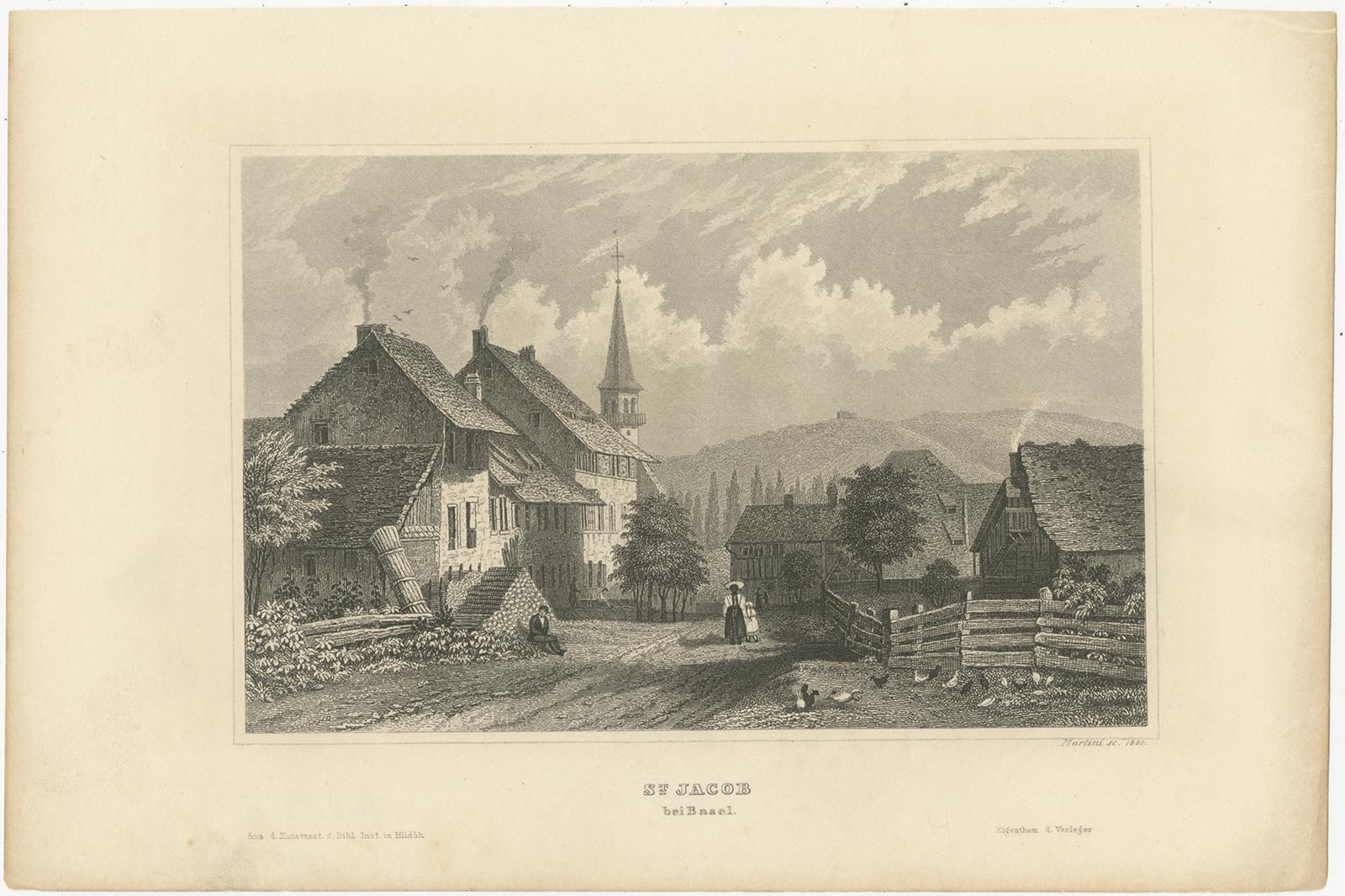 Antique print titled 'St. Jacob, bei Basel'. View of St. Jacob, near Basel, Switzerland. Originates from 'Meyers Universum'. Published circa 1850.

Joseph Meyer (May 9, 1796 - June 27, 1856) was a German industrialist and publisher, most noted for