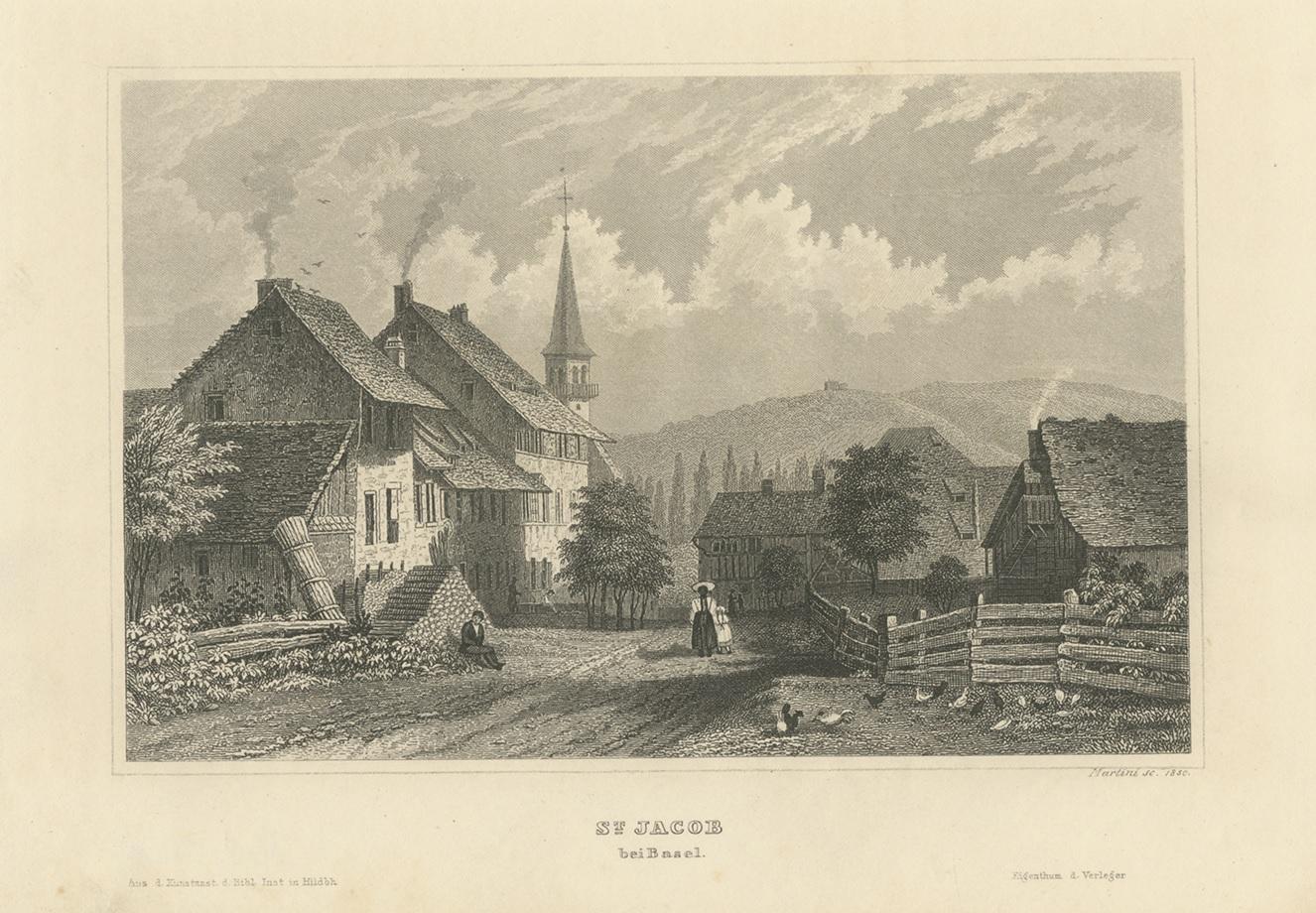 Antique Print of St. Jacob, Near Basel, Switzerland In Good Condition For Sale In Langweer, NL
