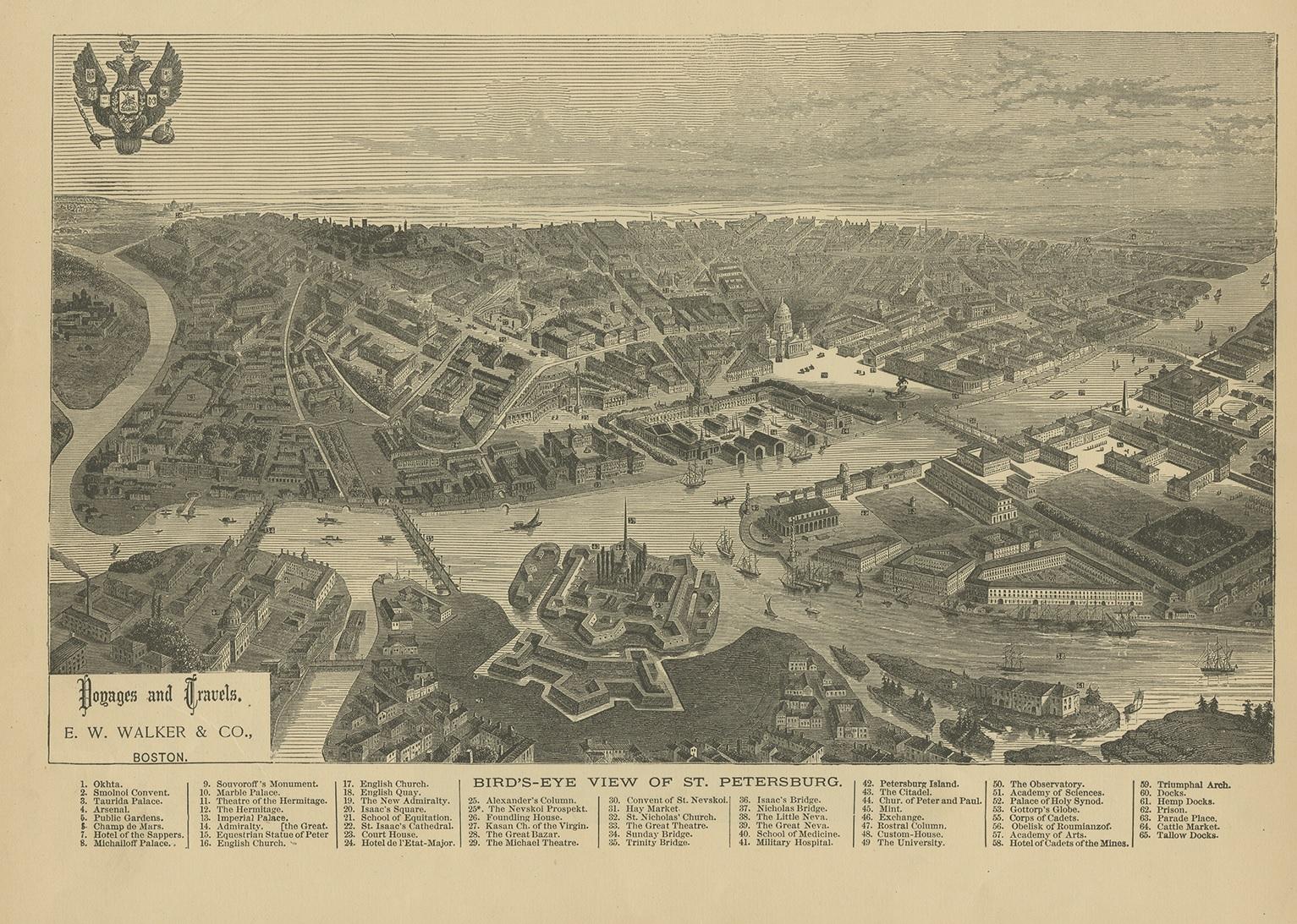 Antique print titled 'Bird’s-Eye View of St. Petersburg'. Old print with a view of Saint Petersburg, Russia. Originates from 'Voyages and Travels'. Published by E.W. Walker & Co, Boston.