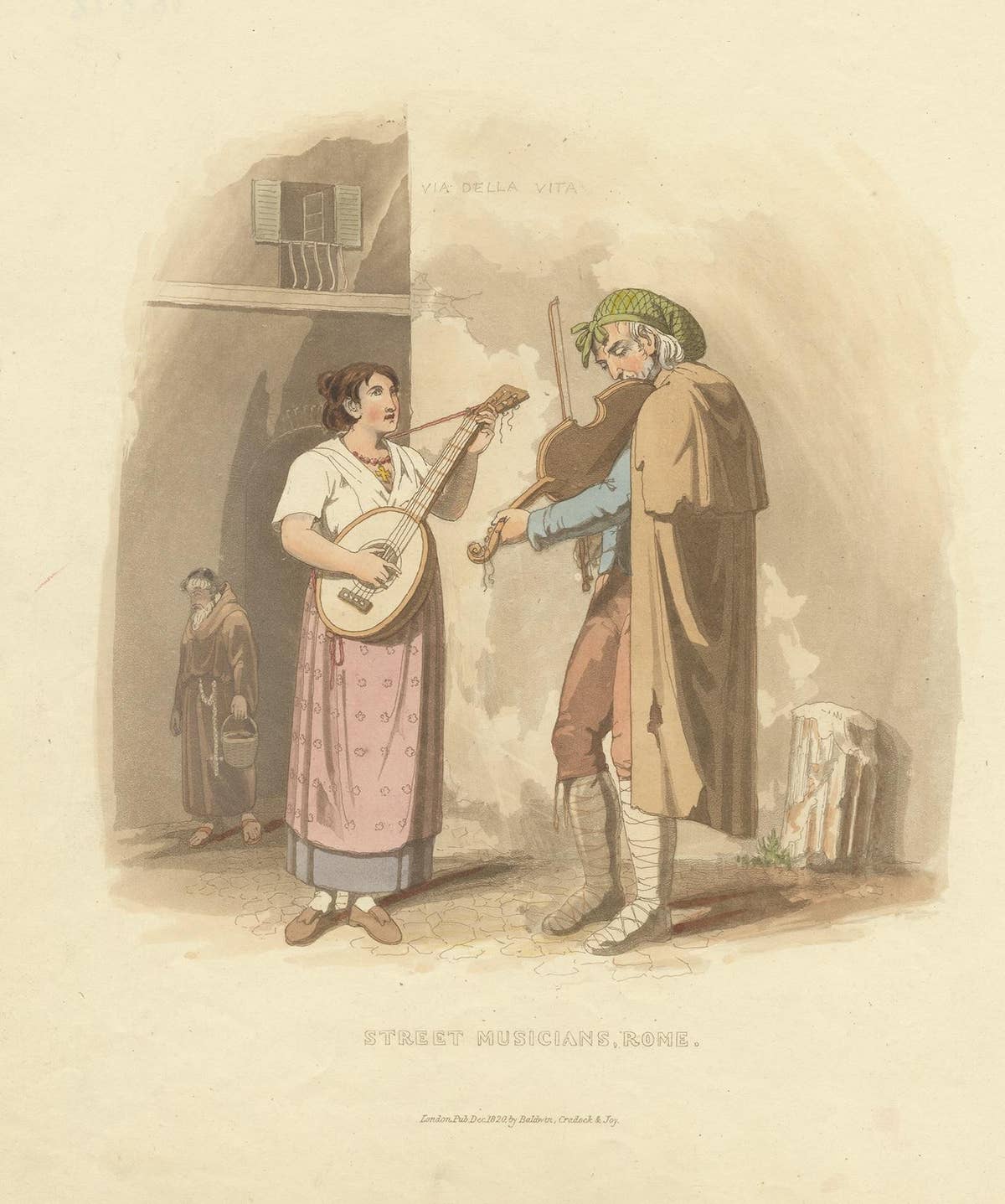 Antique Print of Street Musicians in Rome by Baldwin, 1820