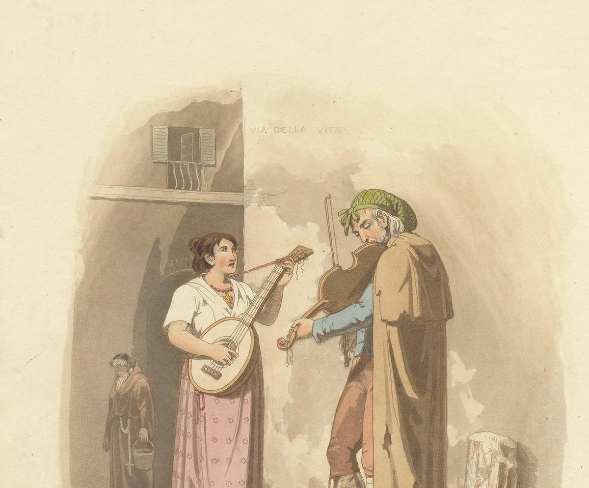 Antique Print of Street Musicians in Rome by Baldwin, 1820