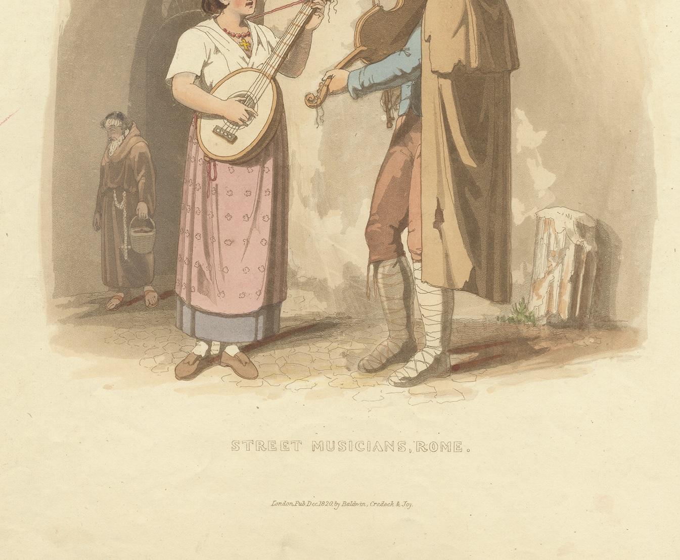 19th Century Antique Print of Street Musicians in Rome by Baldwin, 1820 For Sale