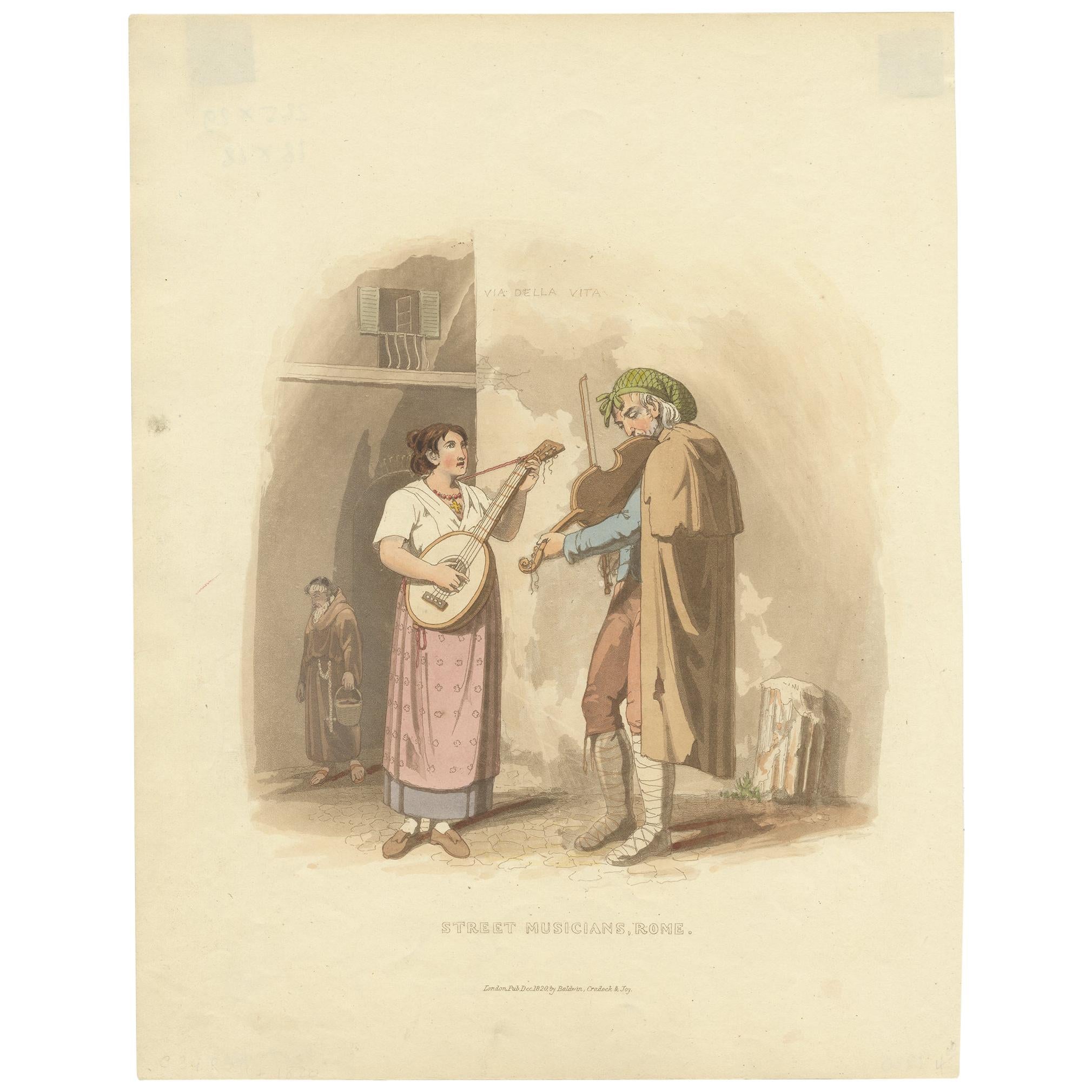 Antique Print of Street Musicians in Rome by Baldwin, 1820 For Sale