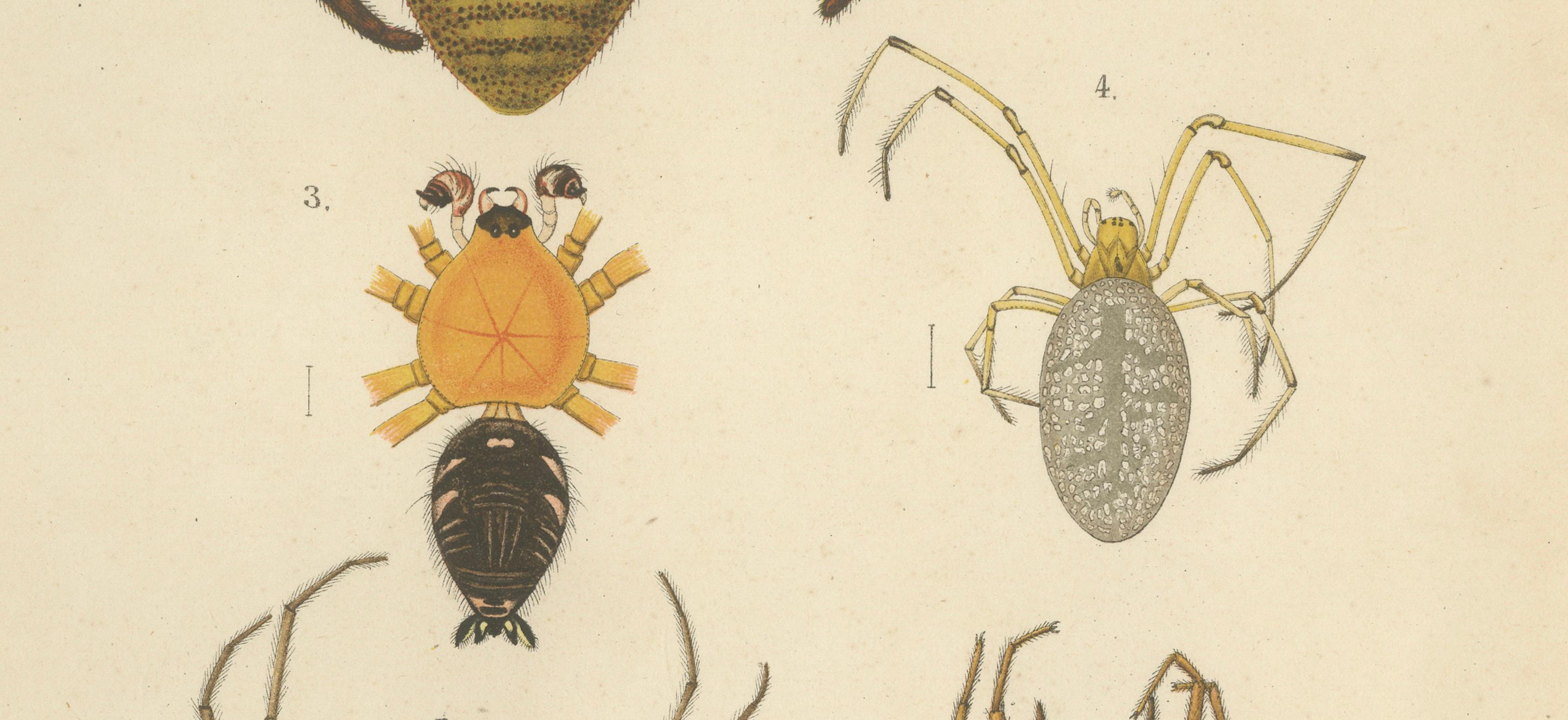 Engraved Antique Print of Sumatran Spiders – Orb Weavers & Jumping Spiders, c.1887 For Sale