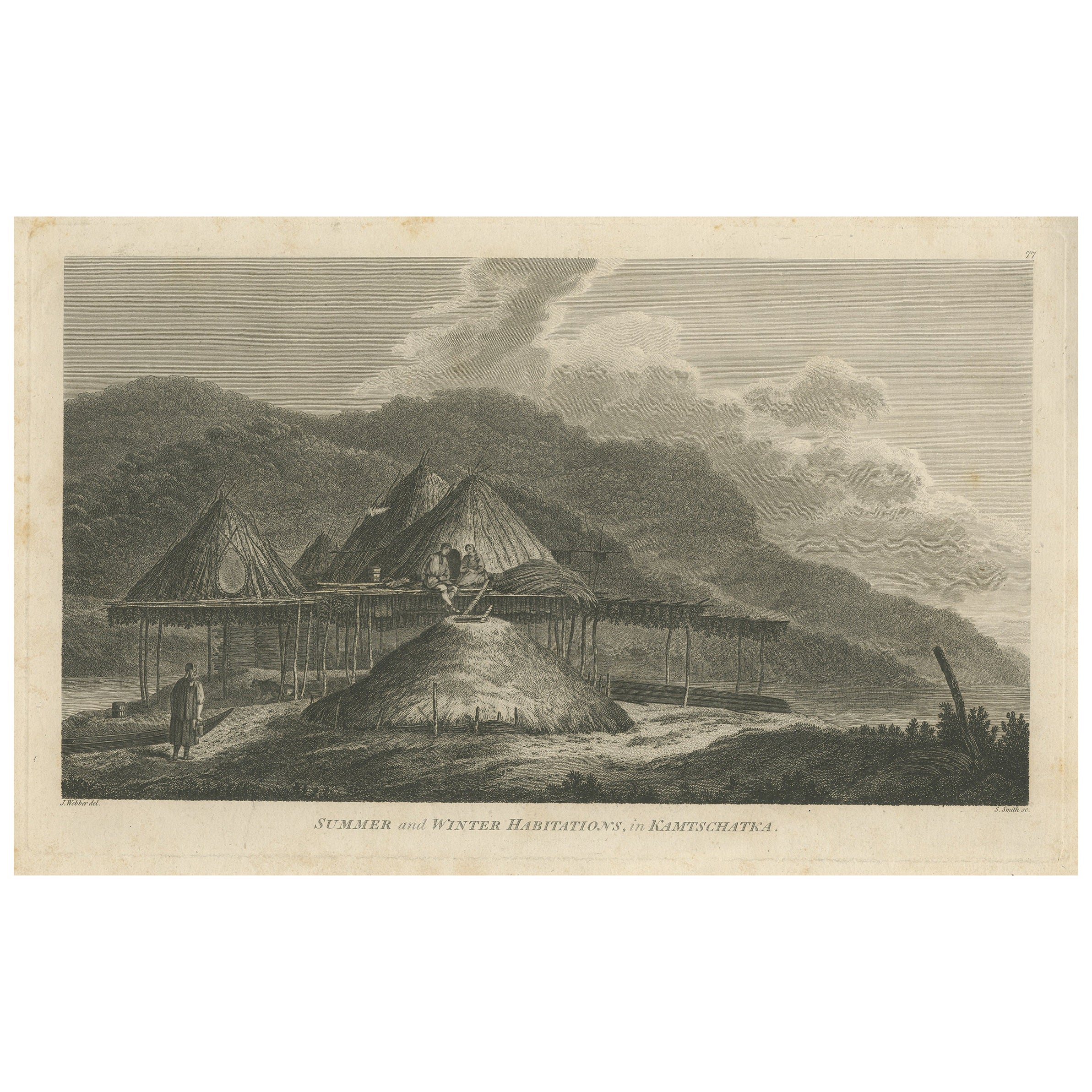 Antiker Druck von Sommer- und Winterwohnungen in Kamchatka, Russland, 1784