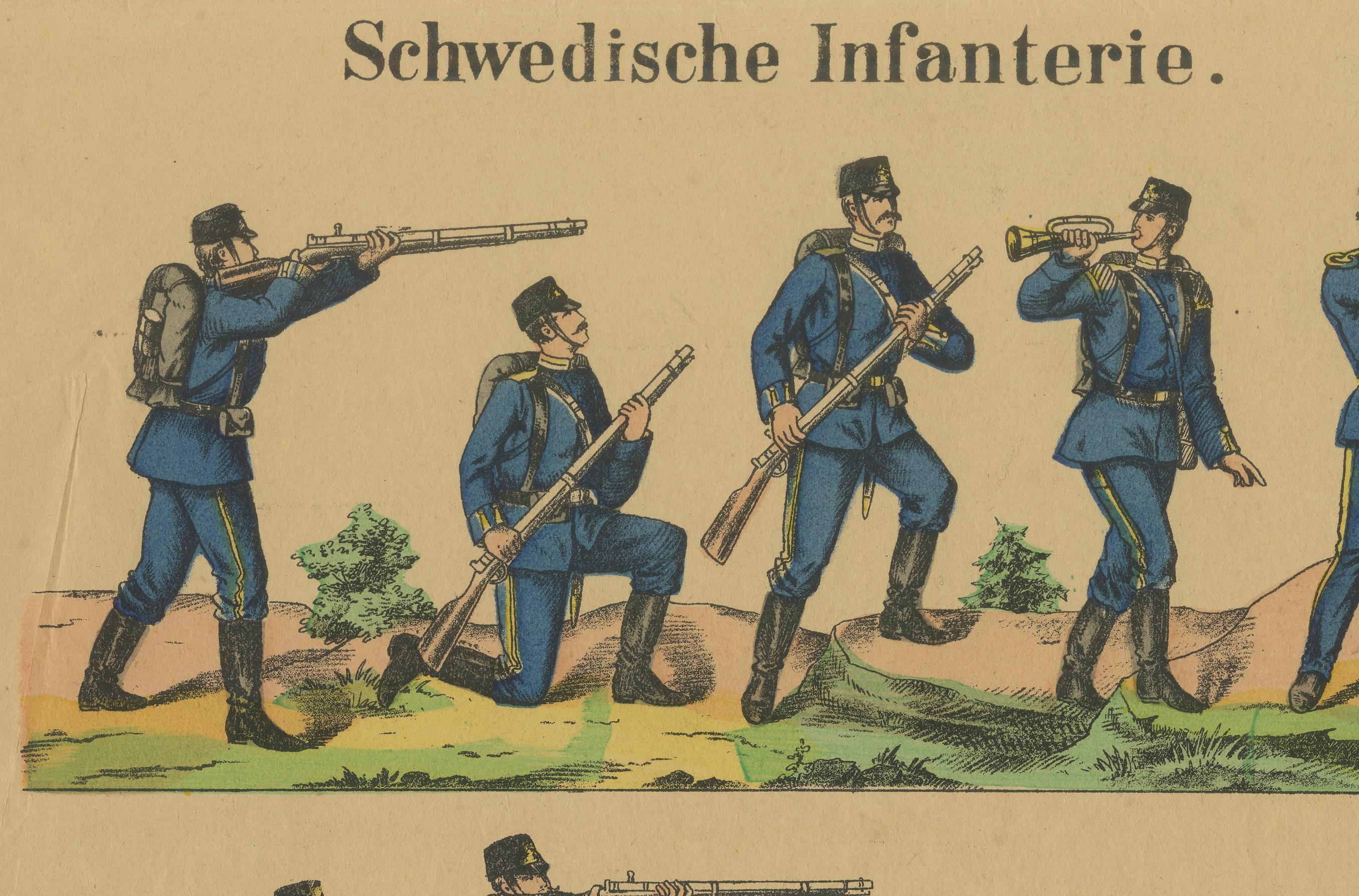 Antique Print of Swedish Infantry – Rifle Drill & Combat Movements, c.1860–1870
