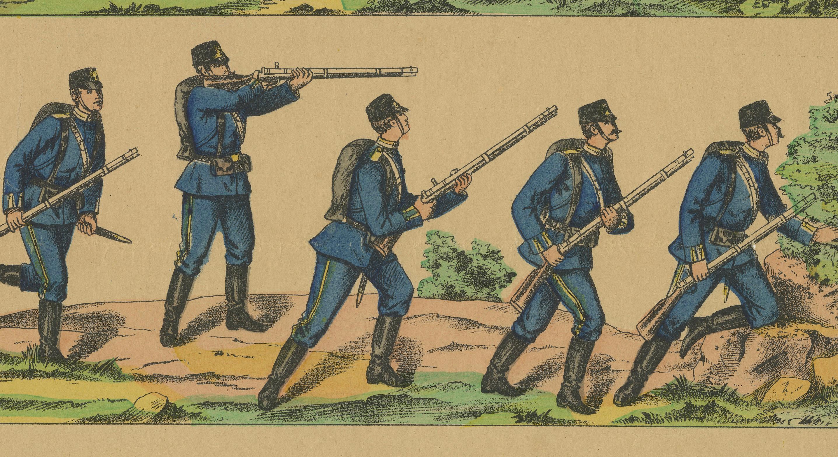 Antique Print of Swedish Infantry – Rifle Drill & Combat Movements, c.1860–1870