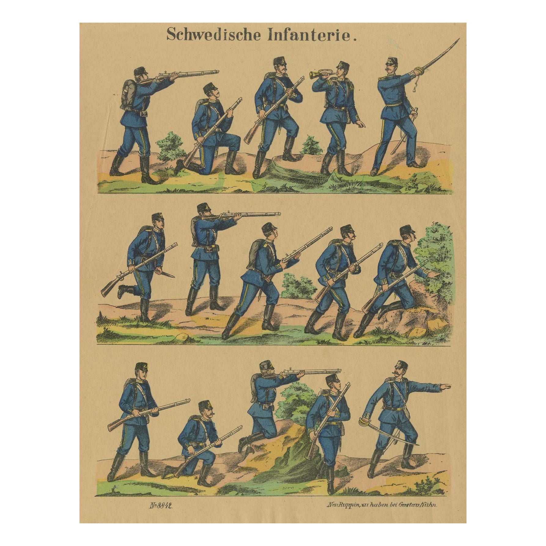 Antiker Druck der schwedischen Infanterie - Gewehrdrill und Kampfbewegungen, ca. 1860-1870