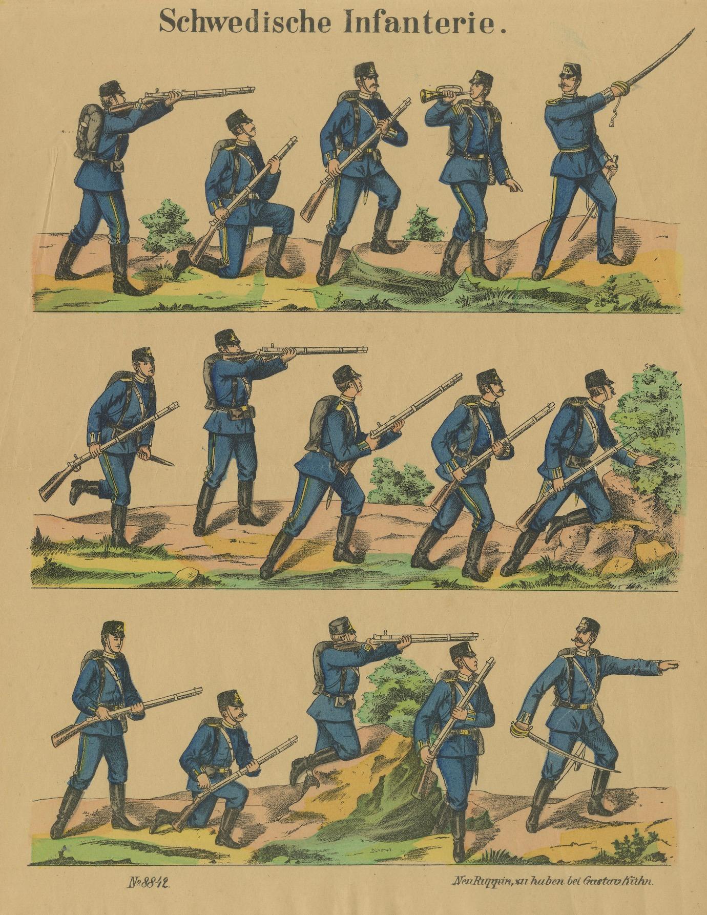 Antique Print of Swedish Infantry – Rifle Drill 
Combat Movements, c.1860–1870