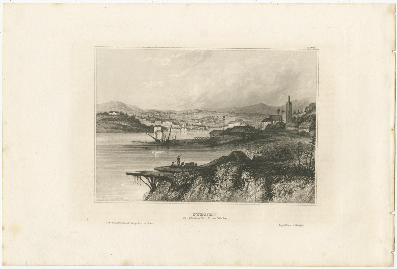 Antique print titled 'Sydney, in New South Wales'. View of Sydney, New South Wales, Australia. Originates from 'Meyers Universum'. Published circa 1840. 

Joseph Meyer (May 9, 1796 - June 27, 1856) was a German industrialist and publisher, most