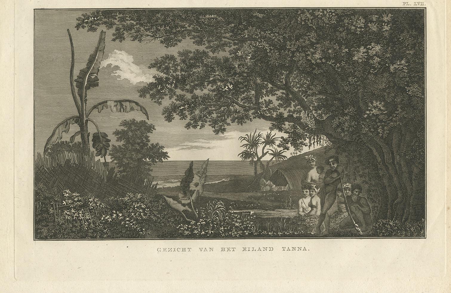 Antique print titled 'Gezicht van het Eiland Tanna'. This print depicts a view of Tanna Island, Vanuatu. Originates from 'Reizen rondom de Waereld' by J. Cook. Translated by J.D. Pasteur. Published by Honkoop, Allart en Van Cleef.
