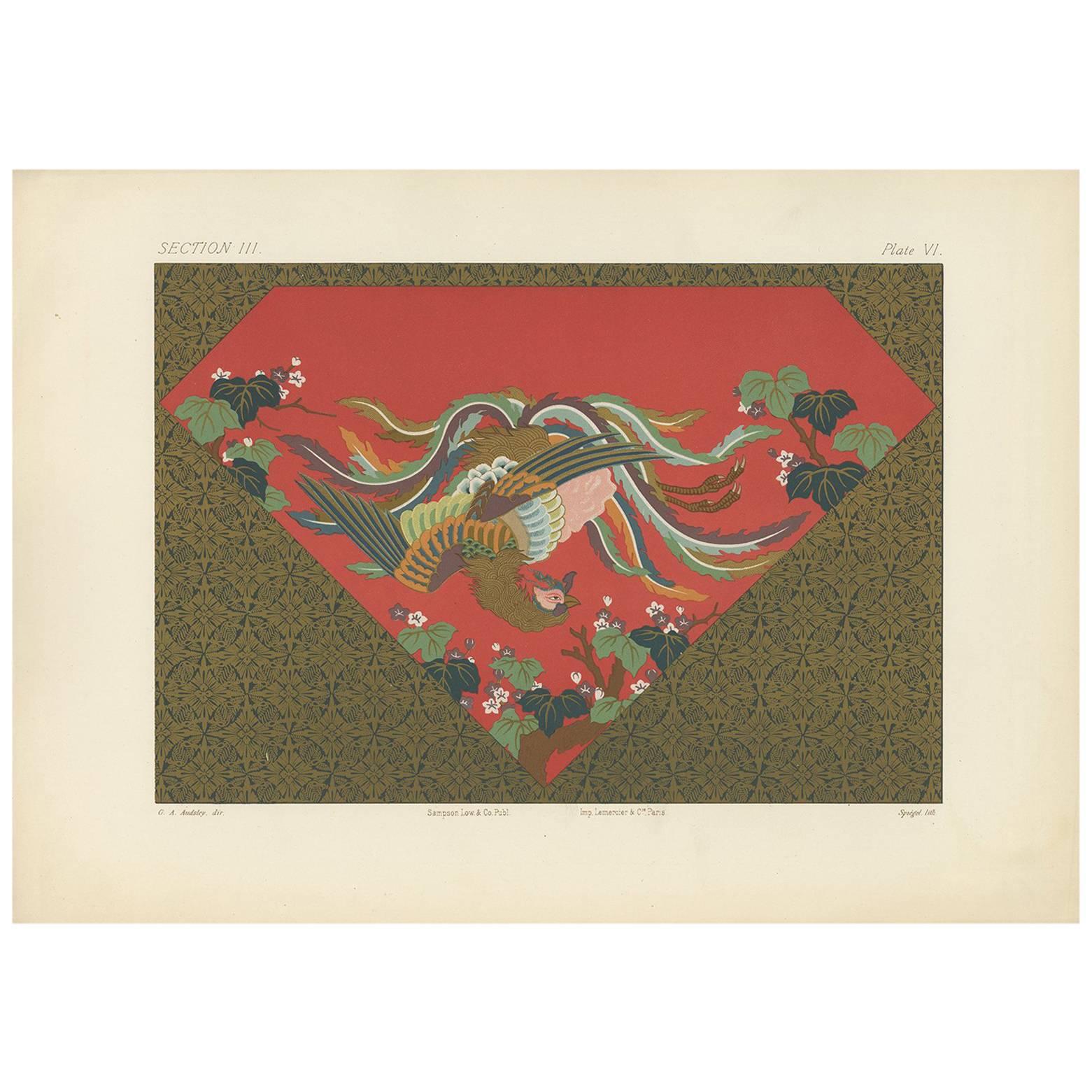 Antiker Druck eines Wandteppichs „Japan“ von G. Audsley, 1882