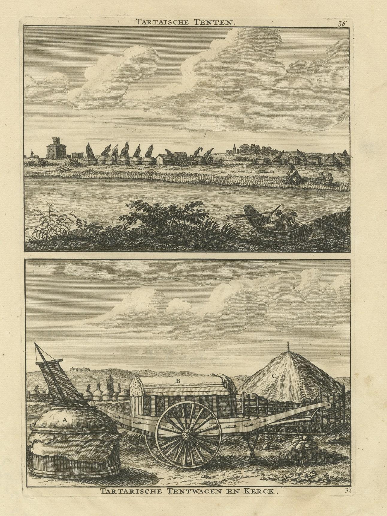 Antique Print of Tartar Tents, Wagon and a Tartar Church, 1714 In Good Condition For Sale In Langweer, NL