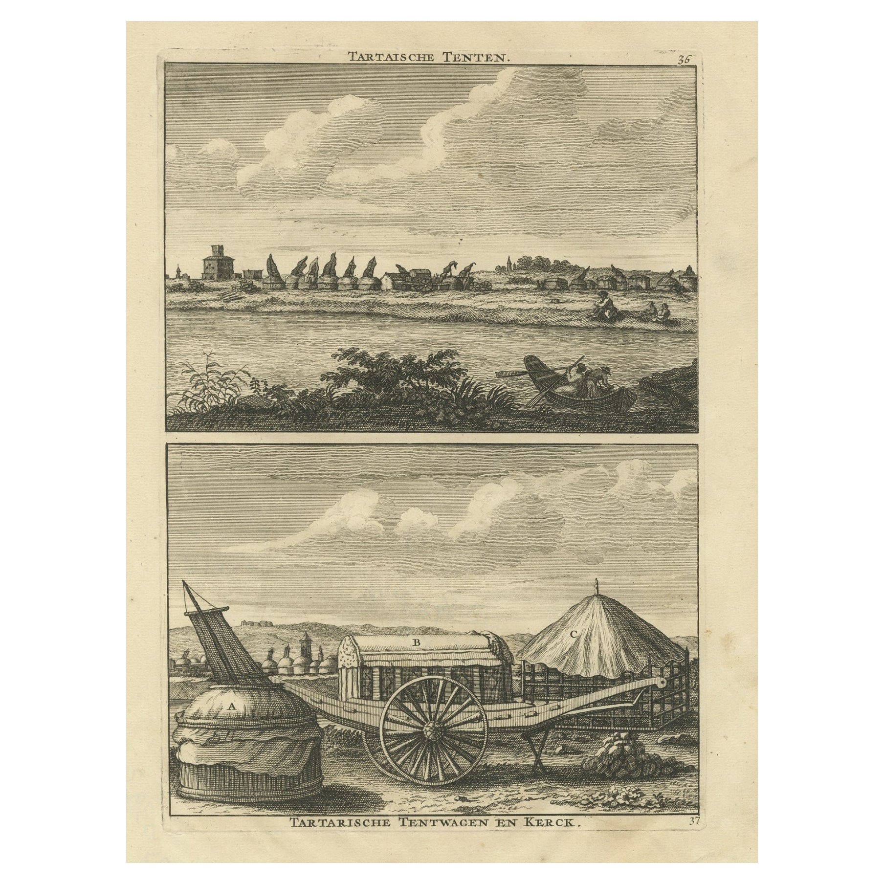 Antiker Druck von Tartartenständern, Wagen und einer Tartarenkirche, 1714 im Angebot