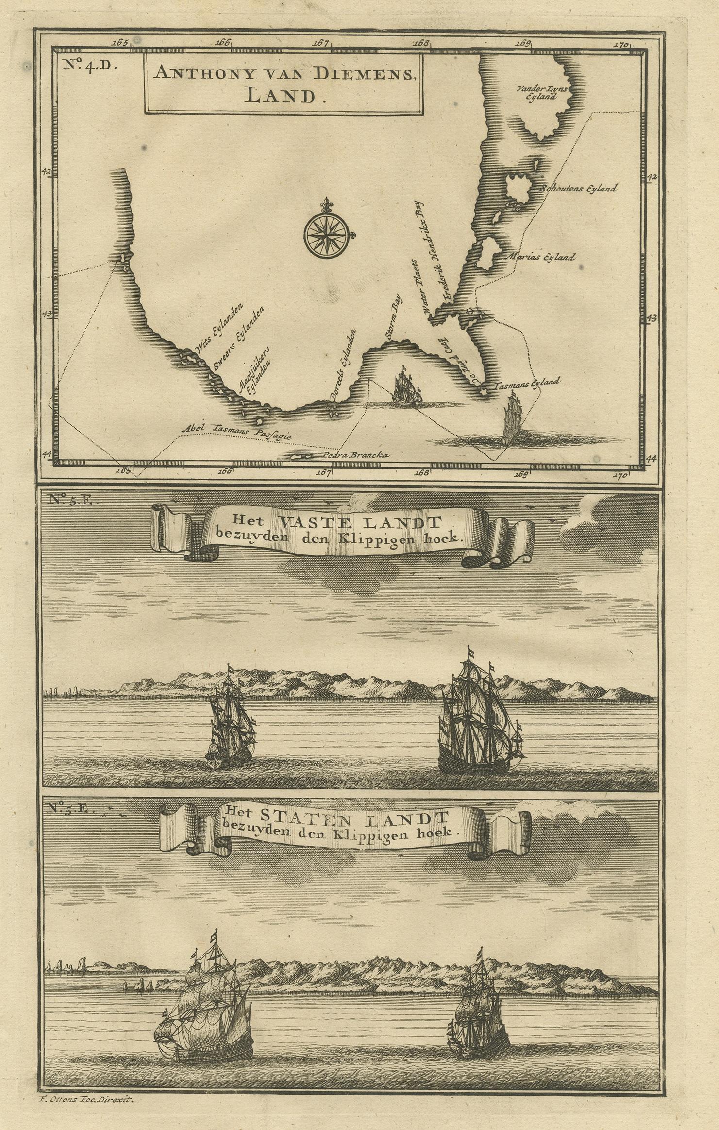 Antique print titled 'Anthony van Diemens Land'. This print depicts a map and two prints of the track of Abel Tasman's epic first voyage of 1642-1643, which resulted in the discovery of Tasmania and New Zealand. This print originates from 'Oud en