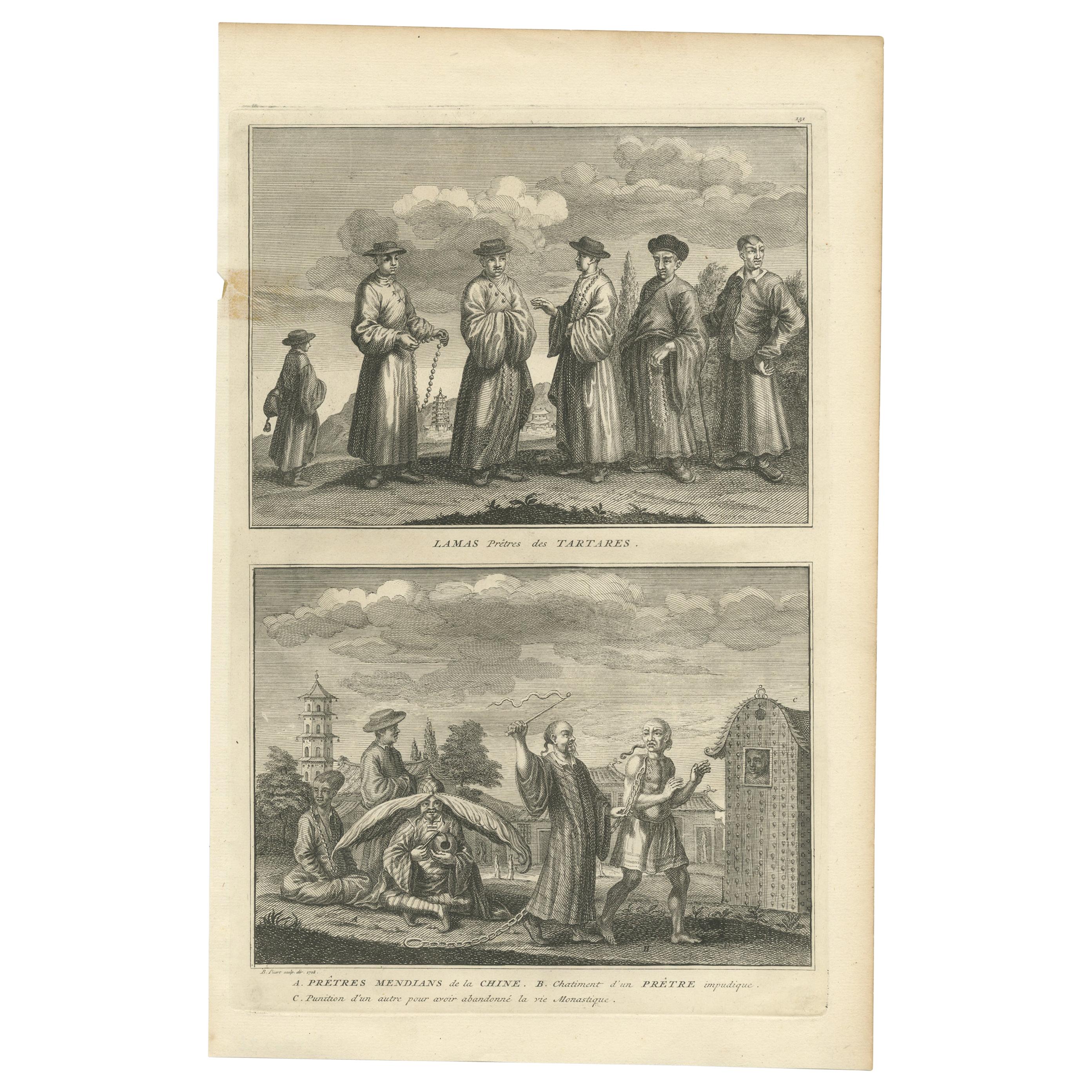 Antiker Druck von tatarischen Priestern und Mendian-Priestern von Picart, um 1730