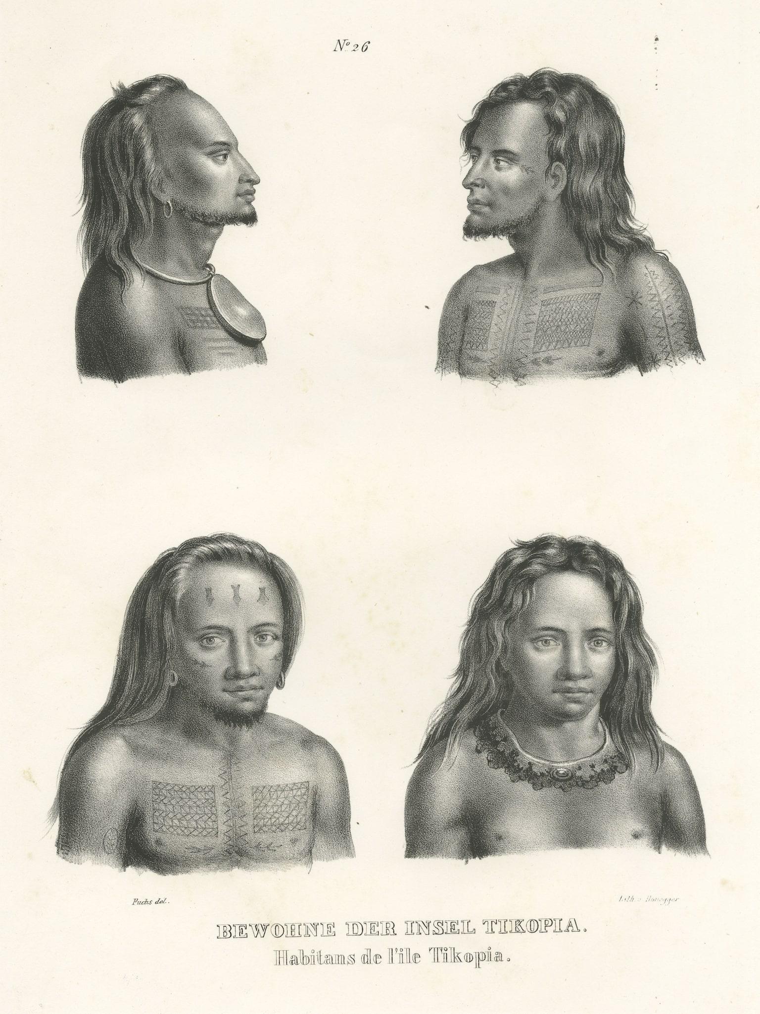 Antique print titled 'Bewohne der Insel Tikopia'. Lithograph of inhabitants of Tikopia. Tikopia is a high island in the southwestern Pacific Ocean. It forms a part of the Melanesian nation state of Solomon Islands but is culturally Polynesian.