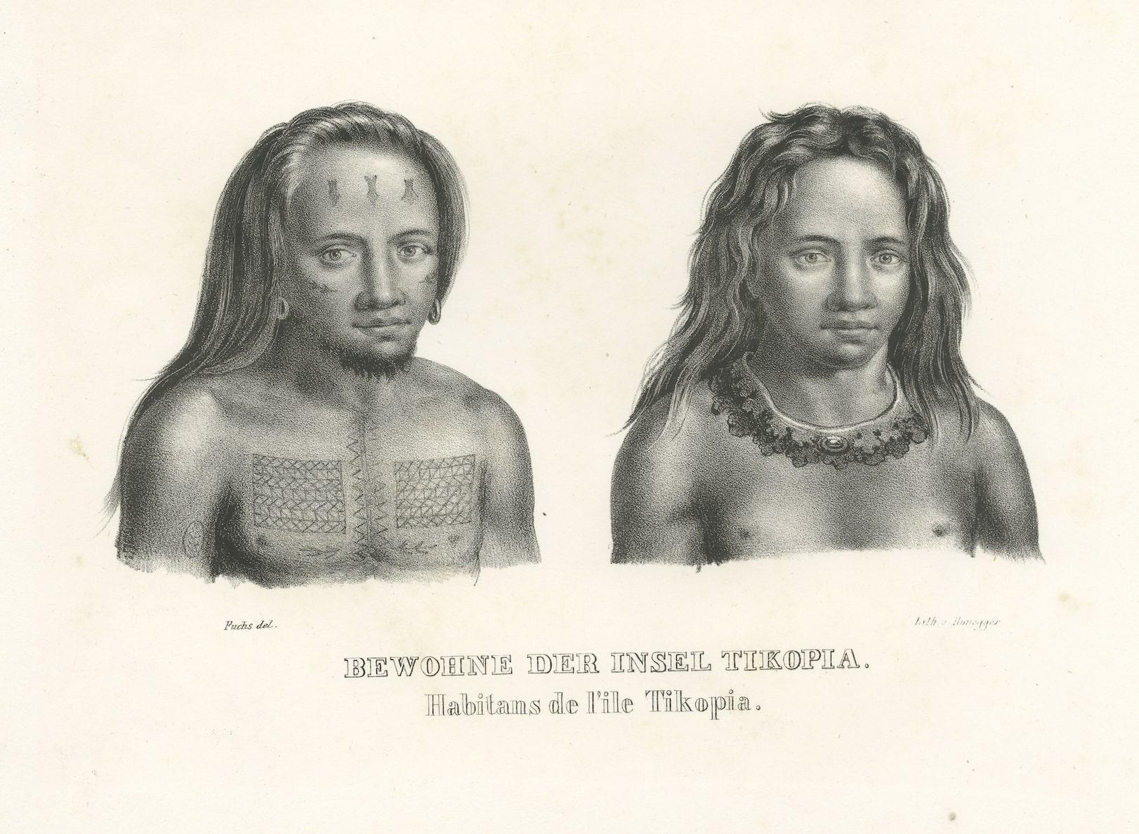 19th Century Antique Print of Tattooed Natives of Tikopia, Solomon Islands For Sale
