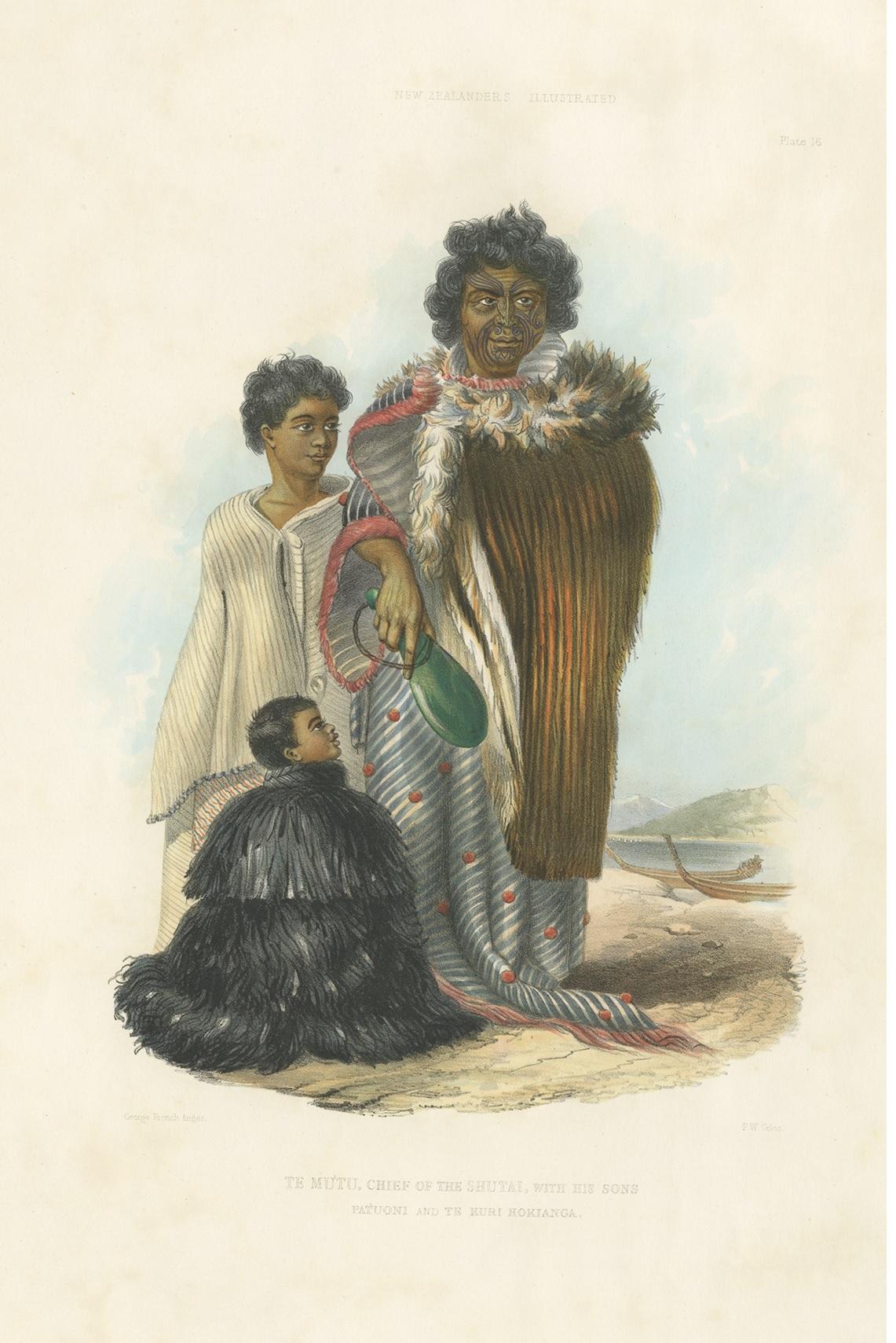 Impression ancienne de Te Mutu avec ses fils par Angas, 1847 Bon état - En vente à Langweer, NL