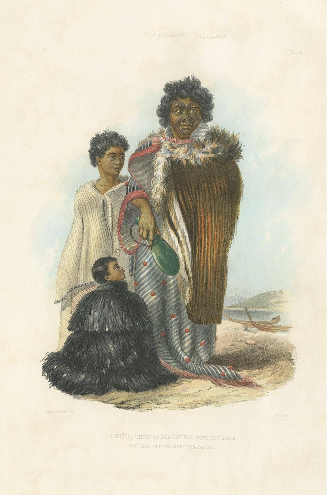 Antique Print of Te Mutu with His Sons by Angas, 1847