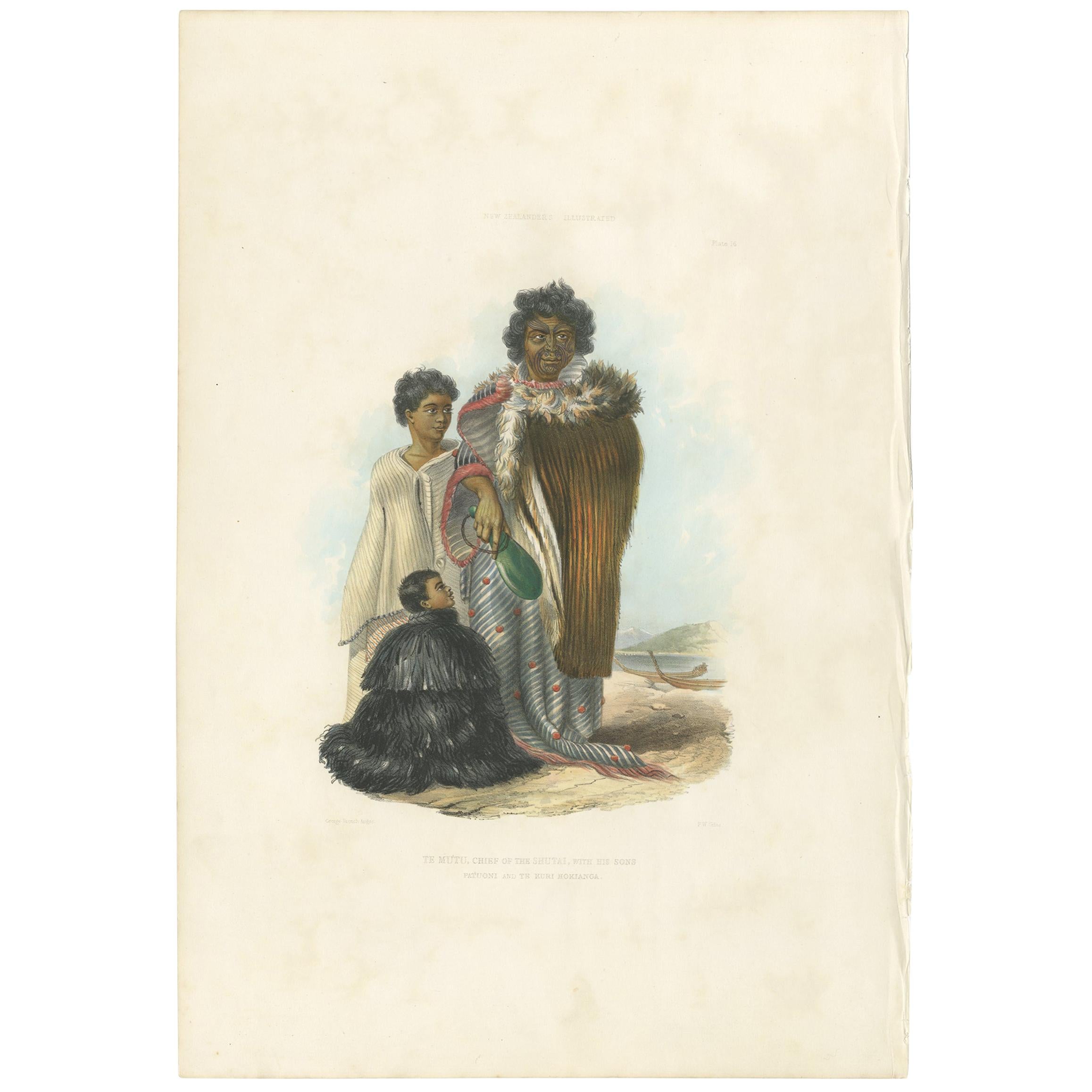 Impression ancienne de Te Mutu avec ses fils par Angas, 1847