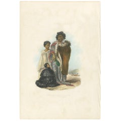 Antique Print of Te Mutu with His Sons by Angas, 1847